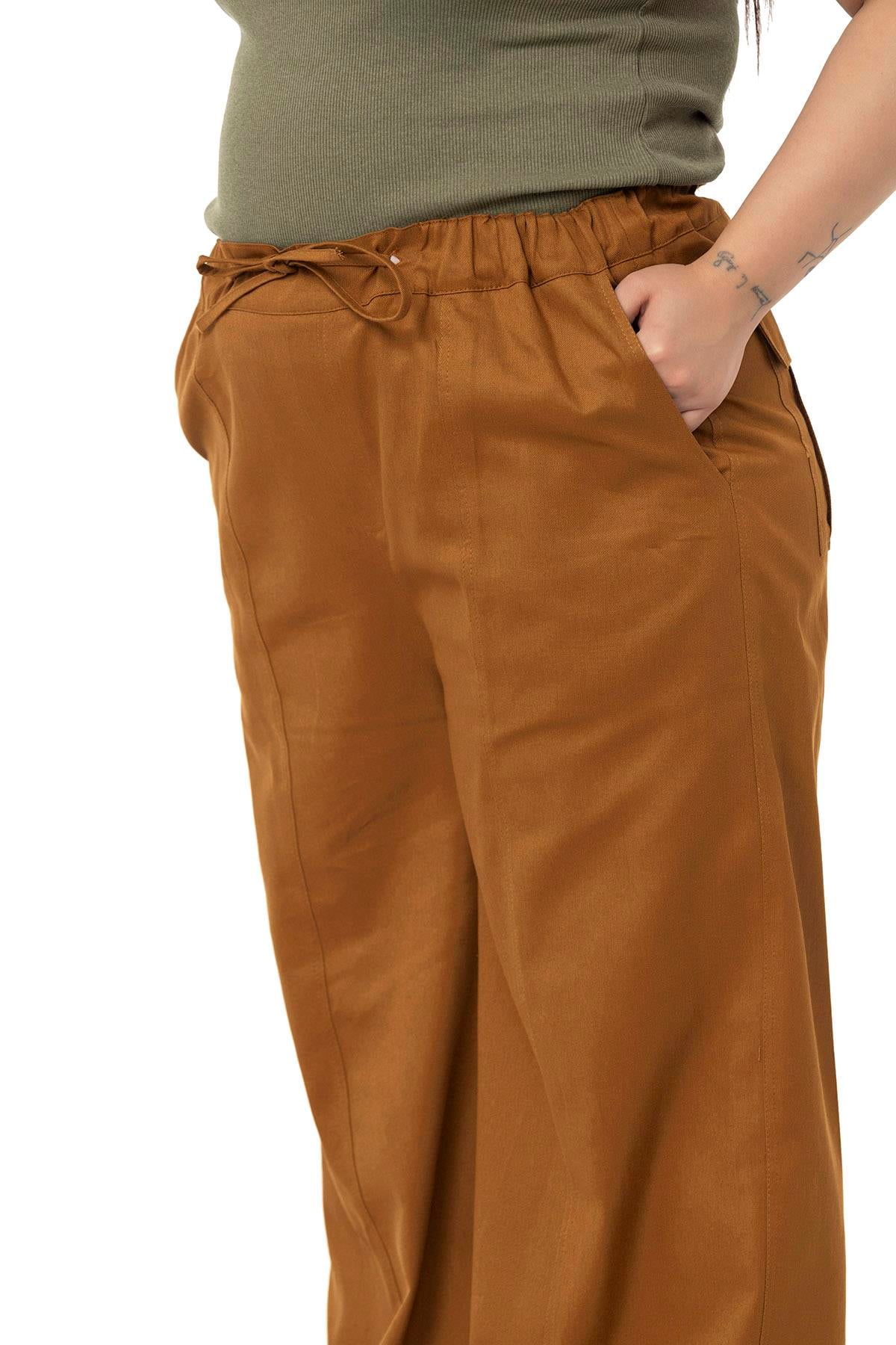 Büyük Beden Geniş Paça Bağlama Detaylı Gabardin Tarçın Pantolon
