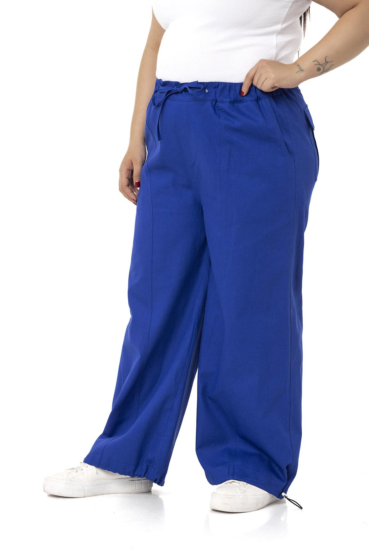 Plus Size Wide Leg Tie Detailed Gabardine Sax Blue Trousers