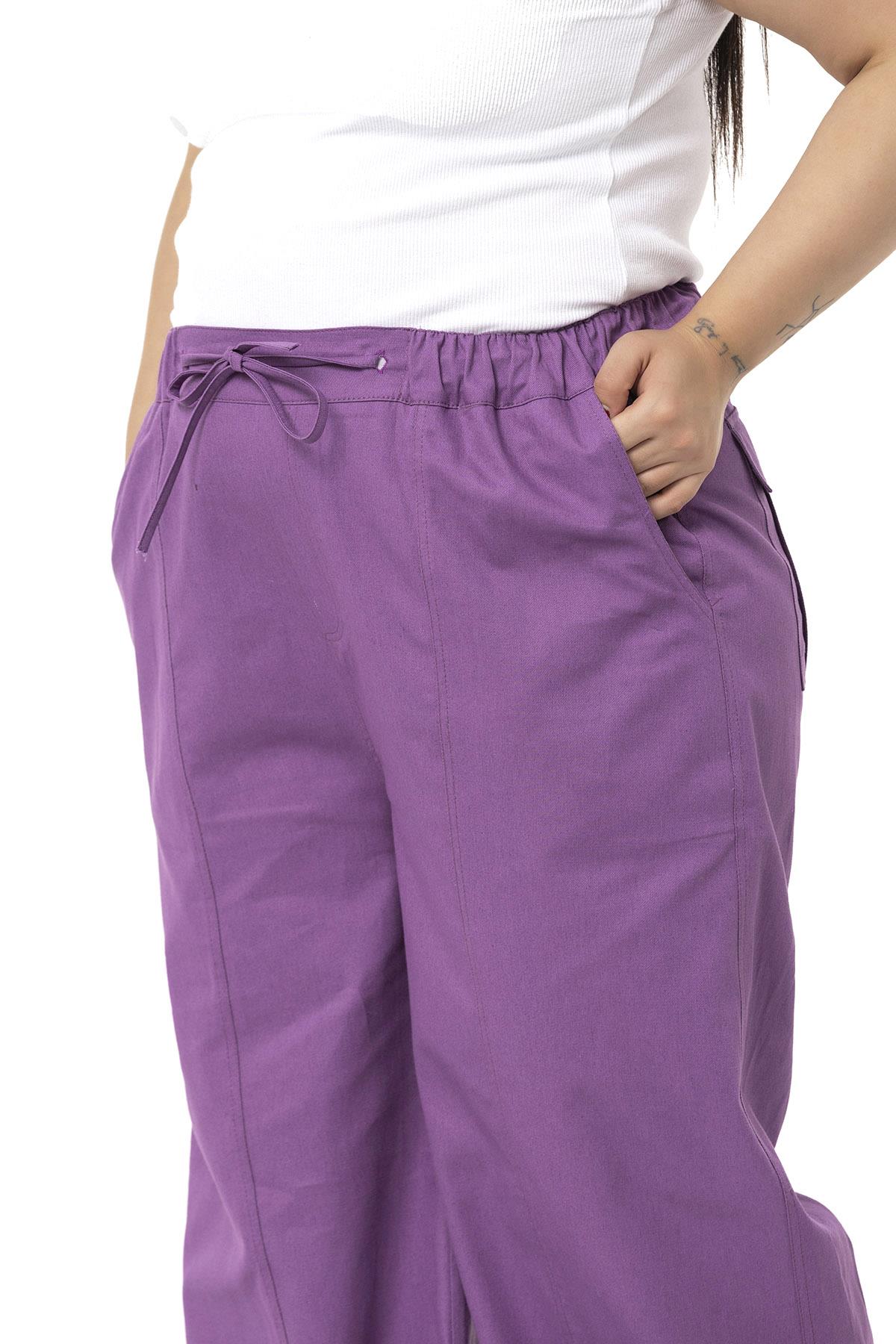Büyük Beden Geniş Paça Bağlama Detaylı Gabardin Mor Pantolon