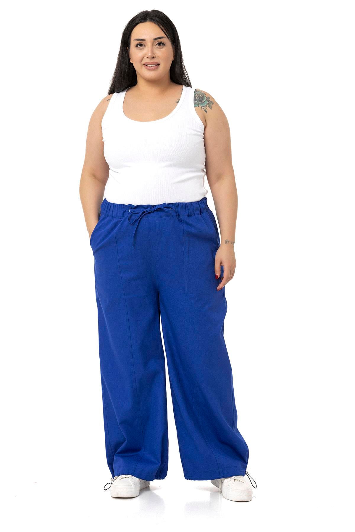 Plus Size Wide Leg Tie Detailed Gabardine Sax Blue Trousers