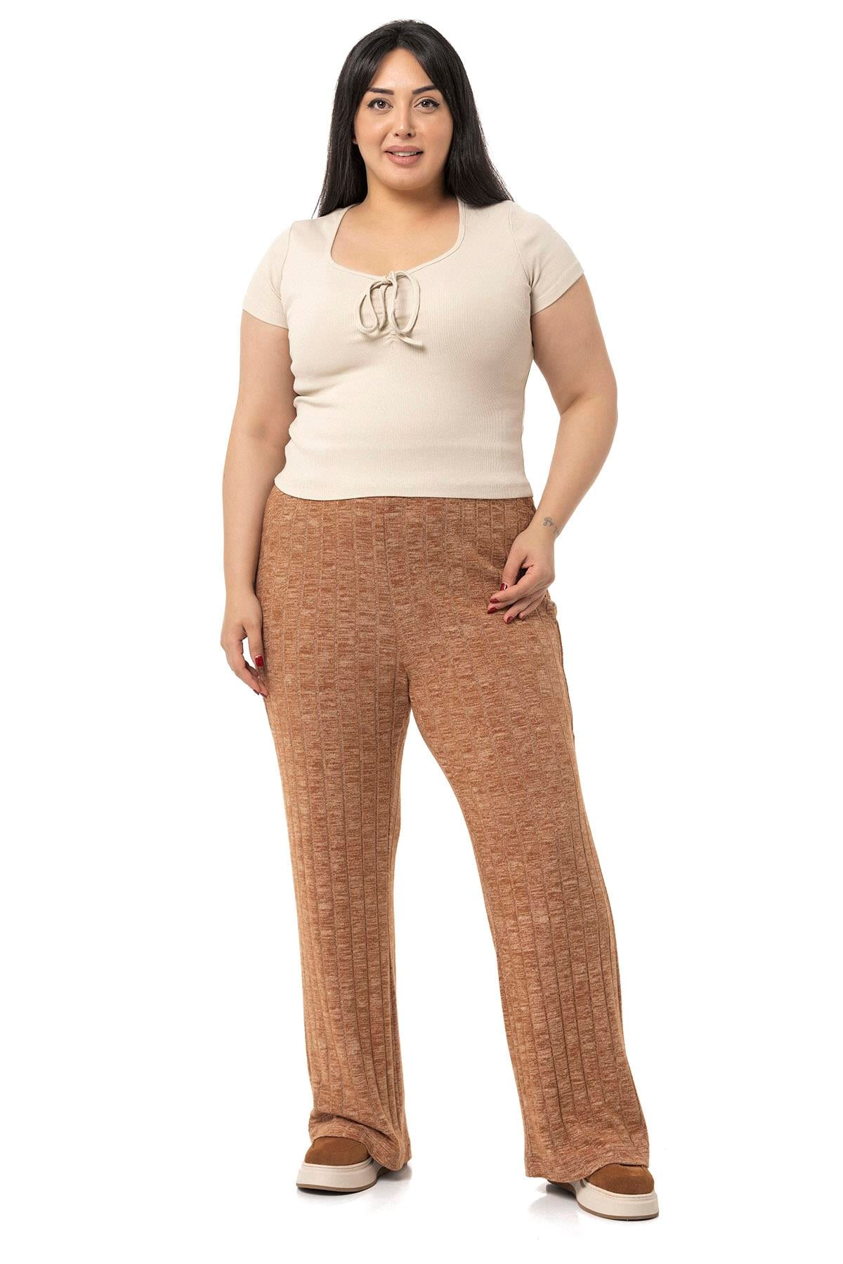 Plus Size Wide Leg Elastic Waist Ribbed Knitwear Brown Trousers