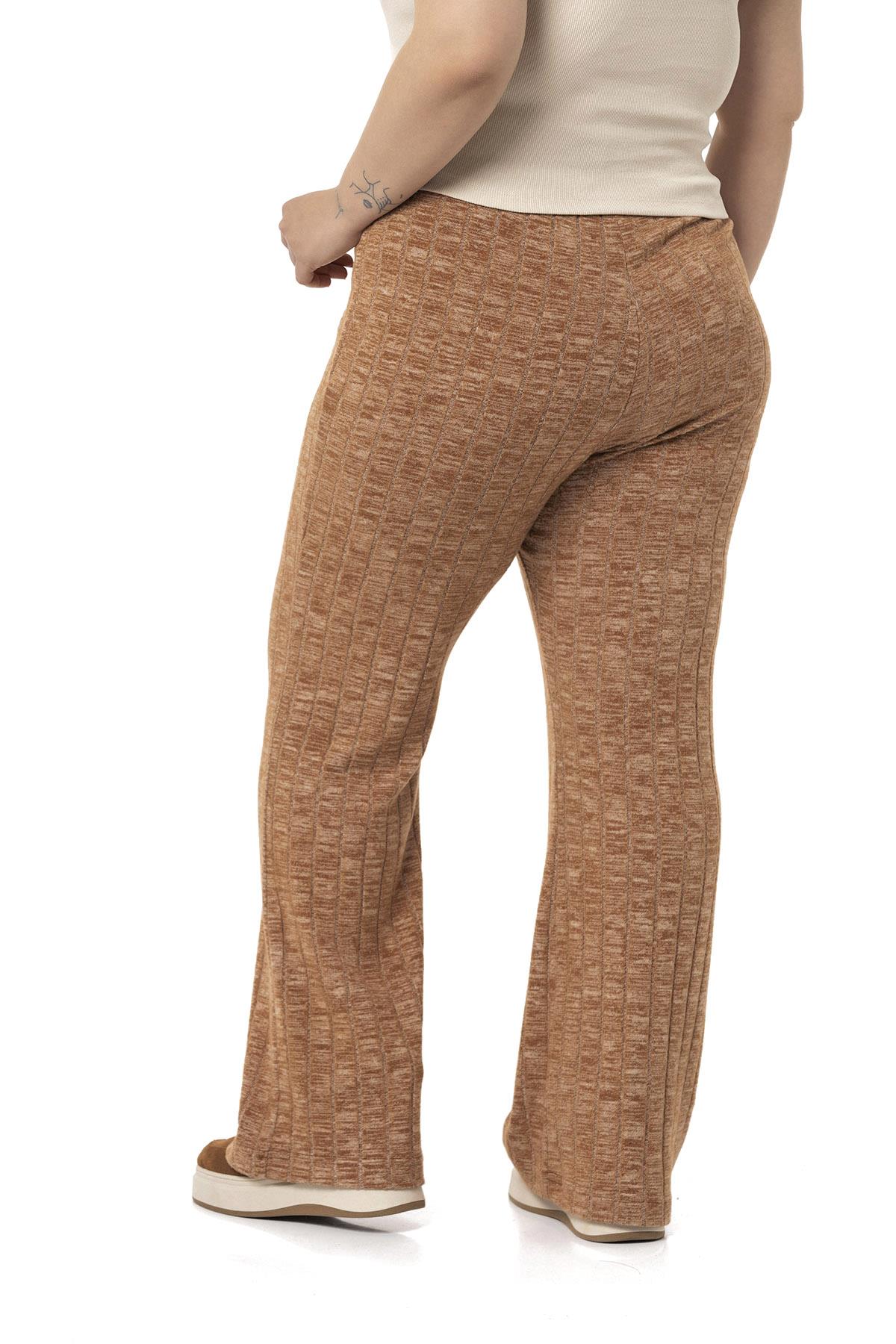 Plus Size Wide Leg Elastic Waist Ribbed Knitwear Brown Trousers