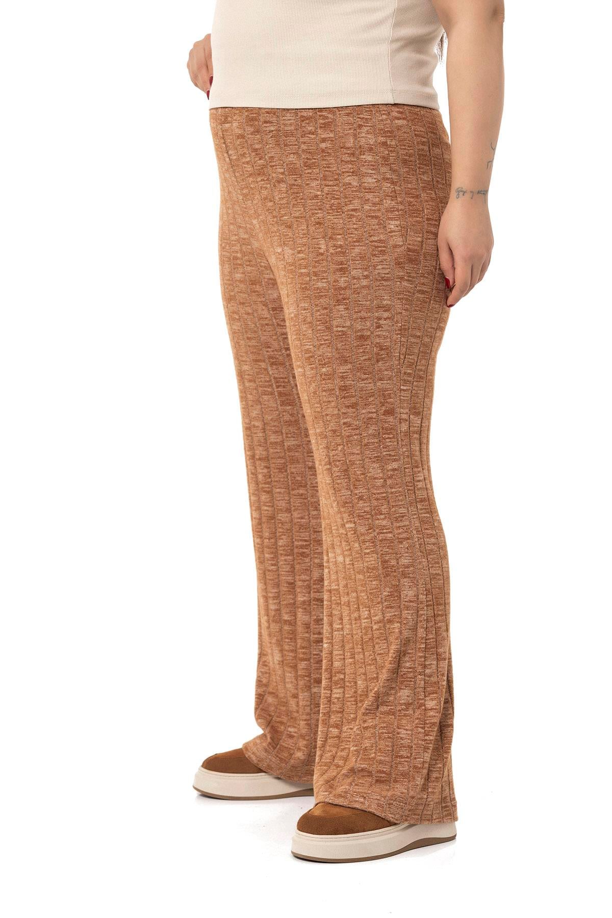 Plus Size Wide Leg Elastic Waist Ribbed Knitwear Brown Trousers