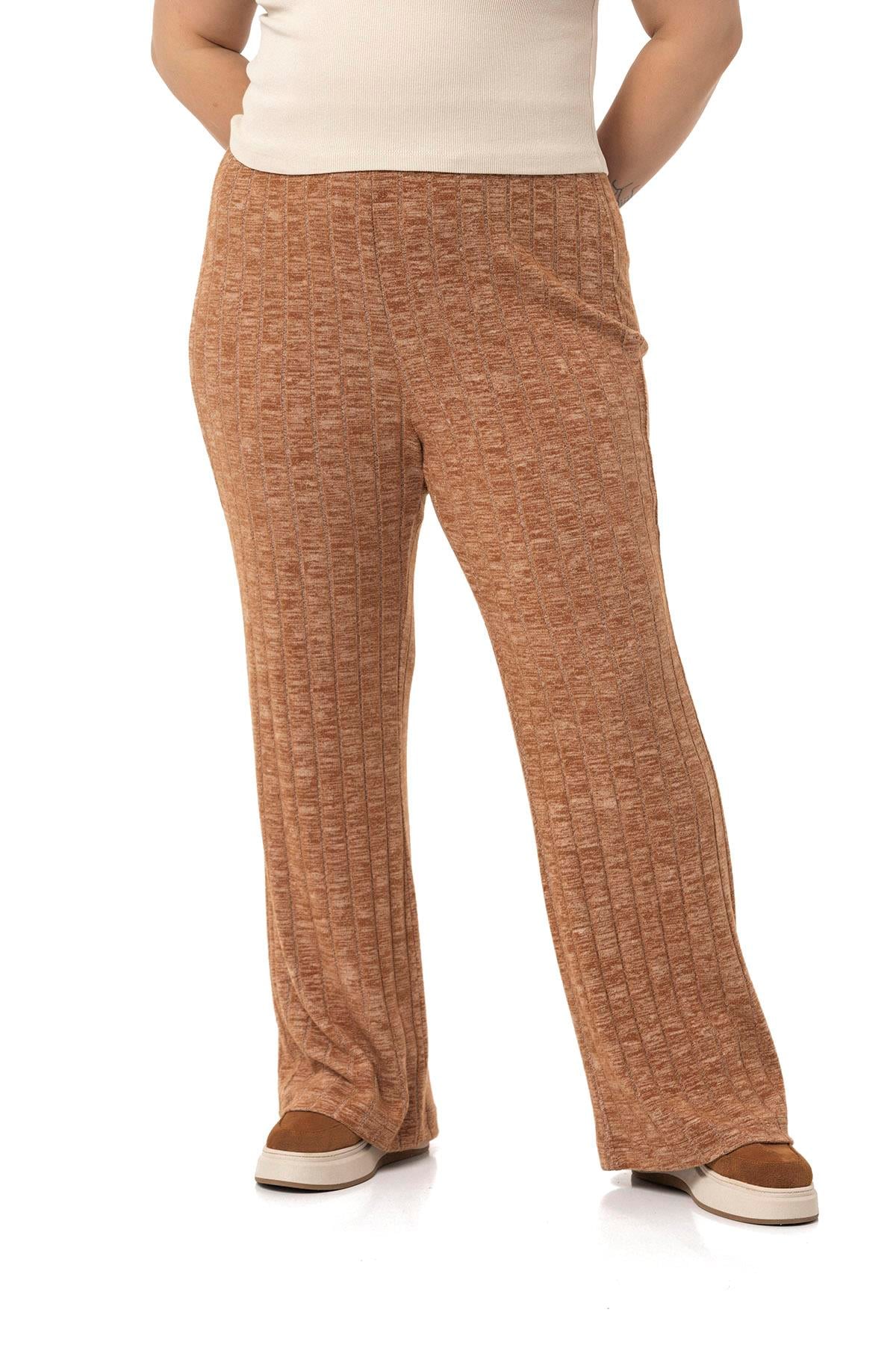 Plus Size Wide Leg Elastic Waist Ribbed Knitwear Brown Trousers
