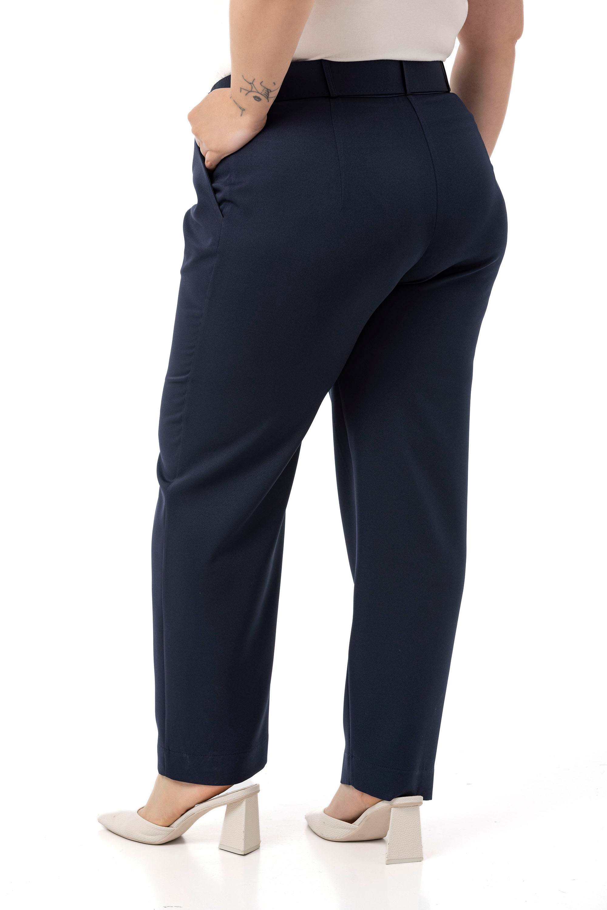 Büyük Beden Önü Pileli Cepli Kemerli Lacivert Pantolon