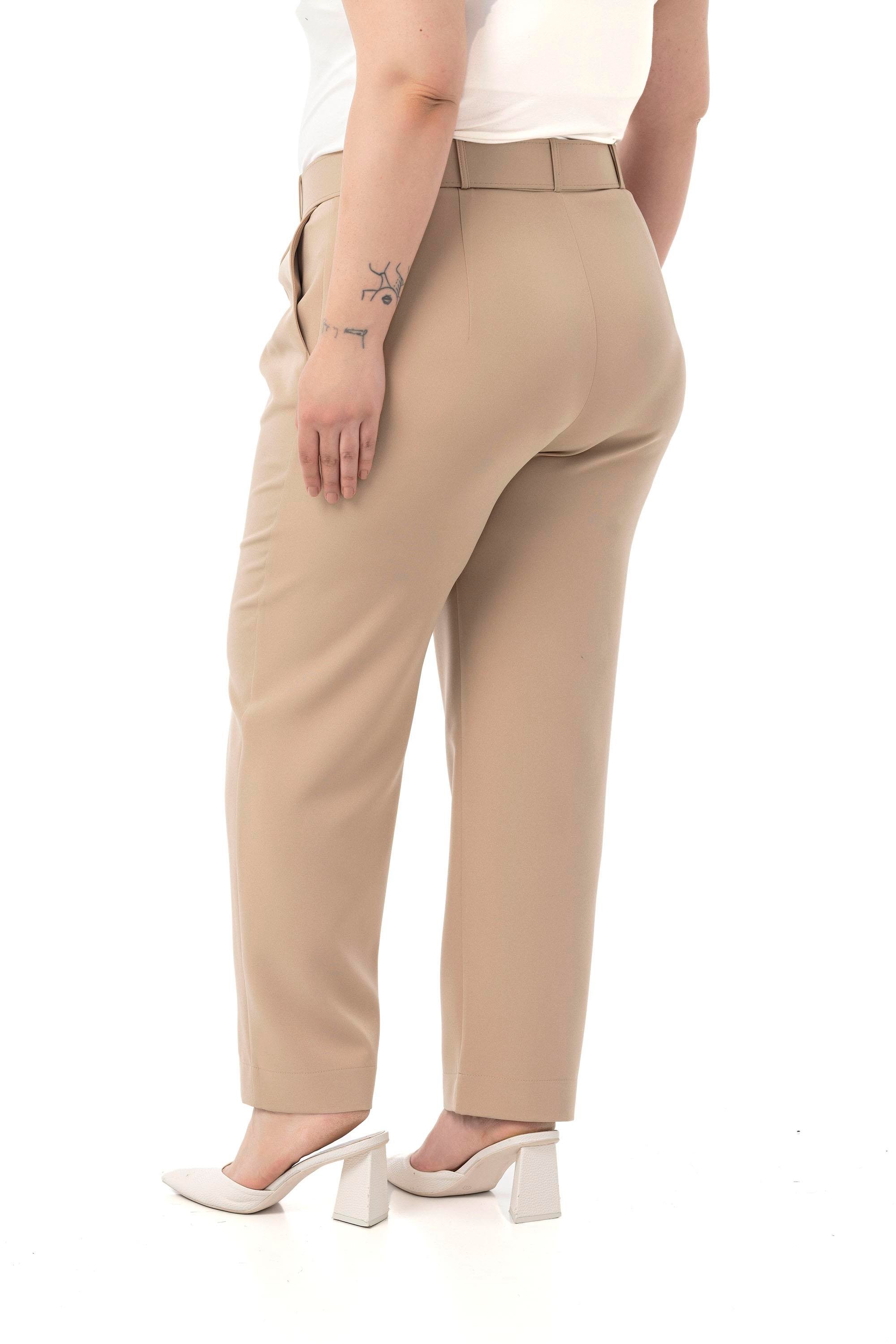 Büyük Beden Önü Pileli Cepli Kemerli Vizon Pantolon