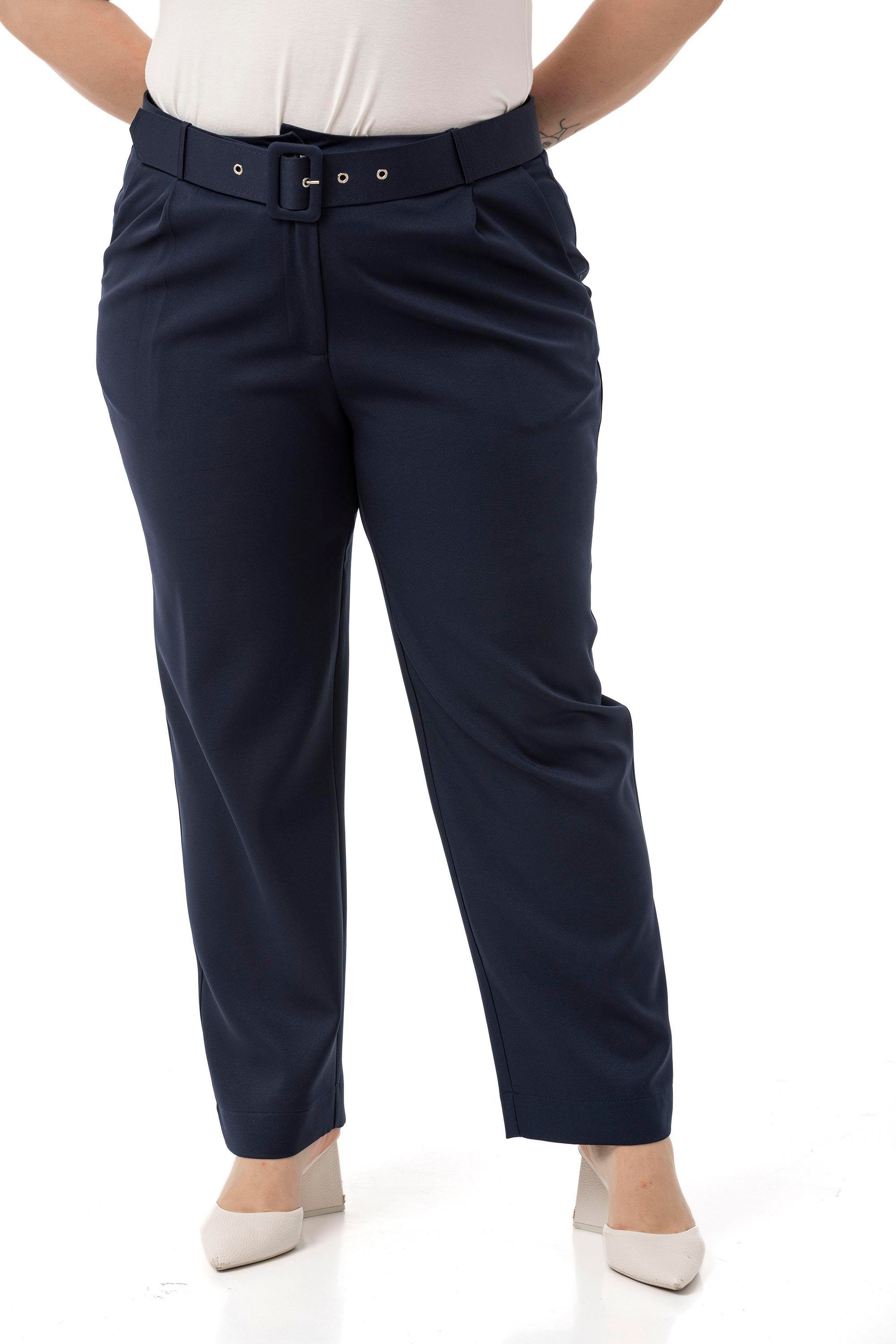 Büyük Beden Önü Pileli Cepli Kemerli Lacivert Pantolon