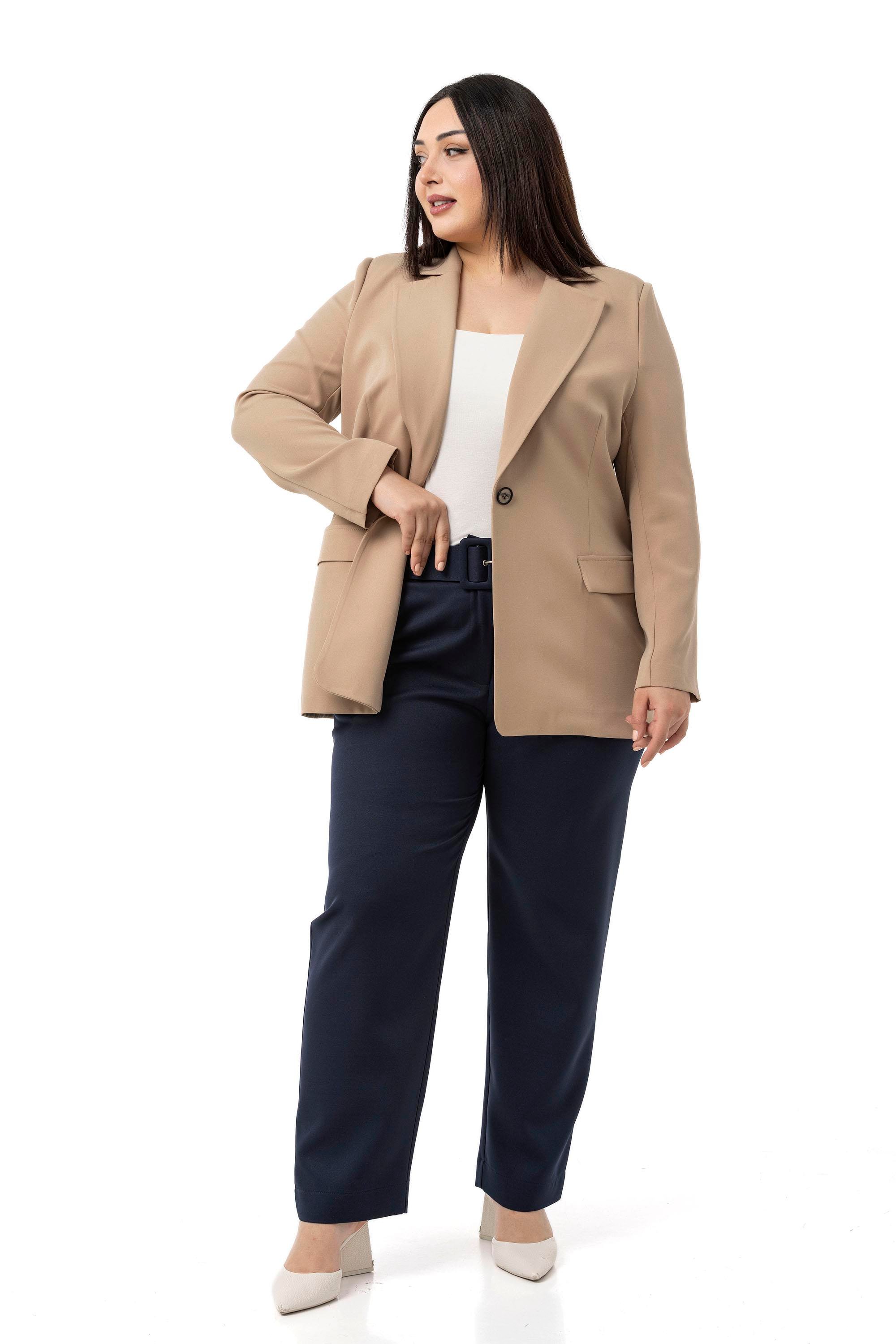 Büyük Beden Önü Pileli Cepli Kemerli Lacivert Pantolon