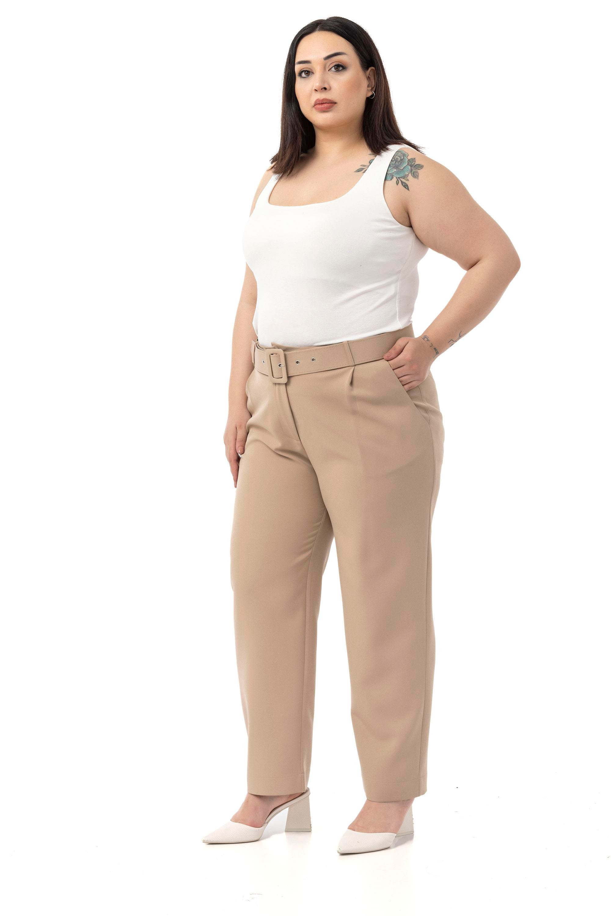 Büyük Beden Önü Pileli Cepli Kemerli Vizon Pantolon