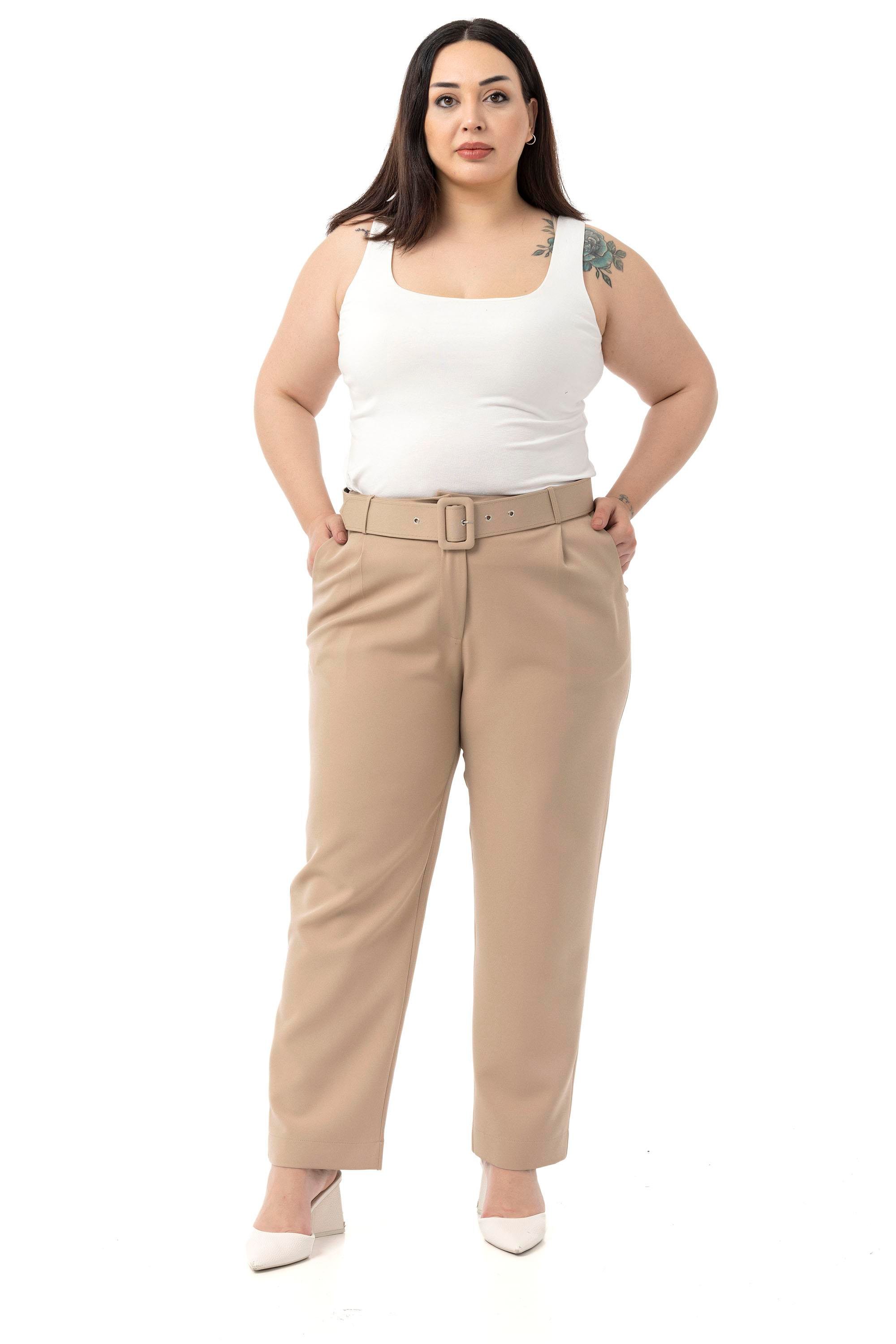 Büyük Beden Önü Pileli Cepli Kemerli Vizon Pantolon