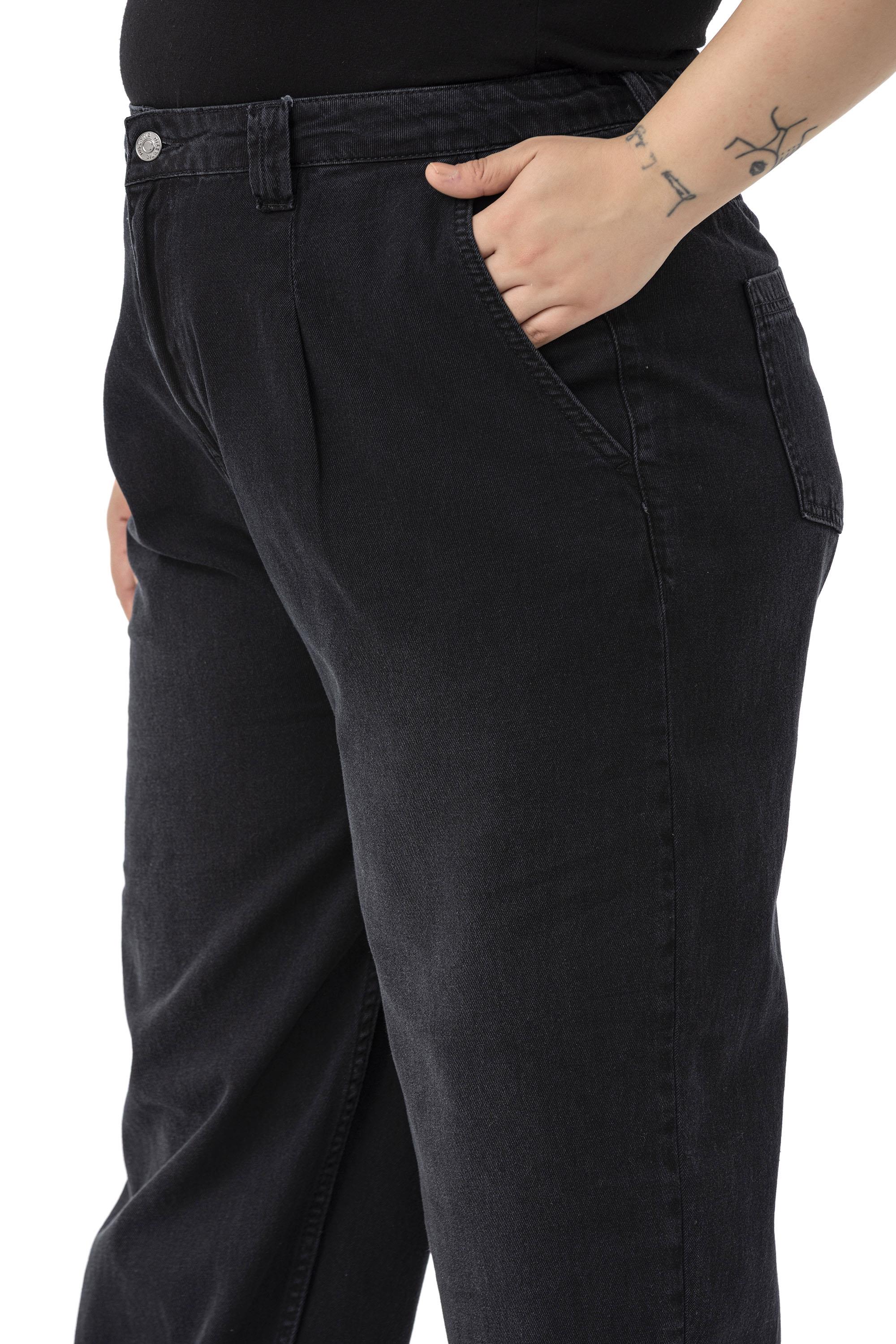 Büyük Beden Önü Pileli Yarım Balon Kesim Beli Arkadan Lastikli Cepli Denim Siyah Pantolon