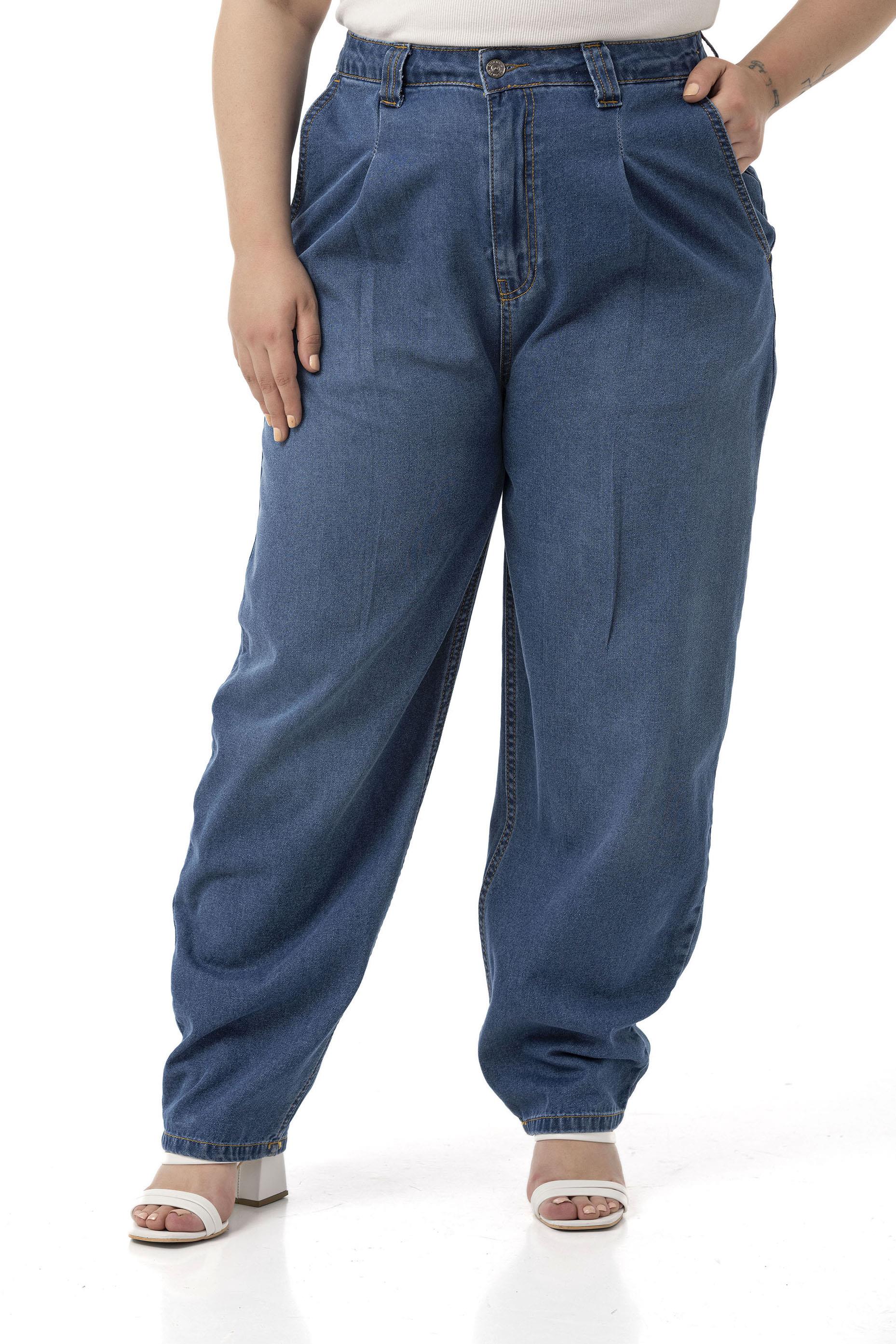 Büyük Beden Önü Pileli Yarım Balon Kesim Beli Arkadan Lastikli Cepli Denim Mavi Pantolon