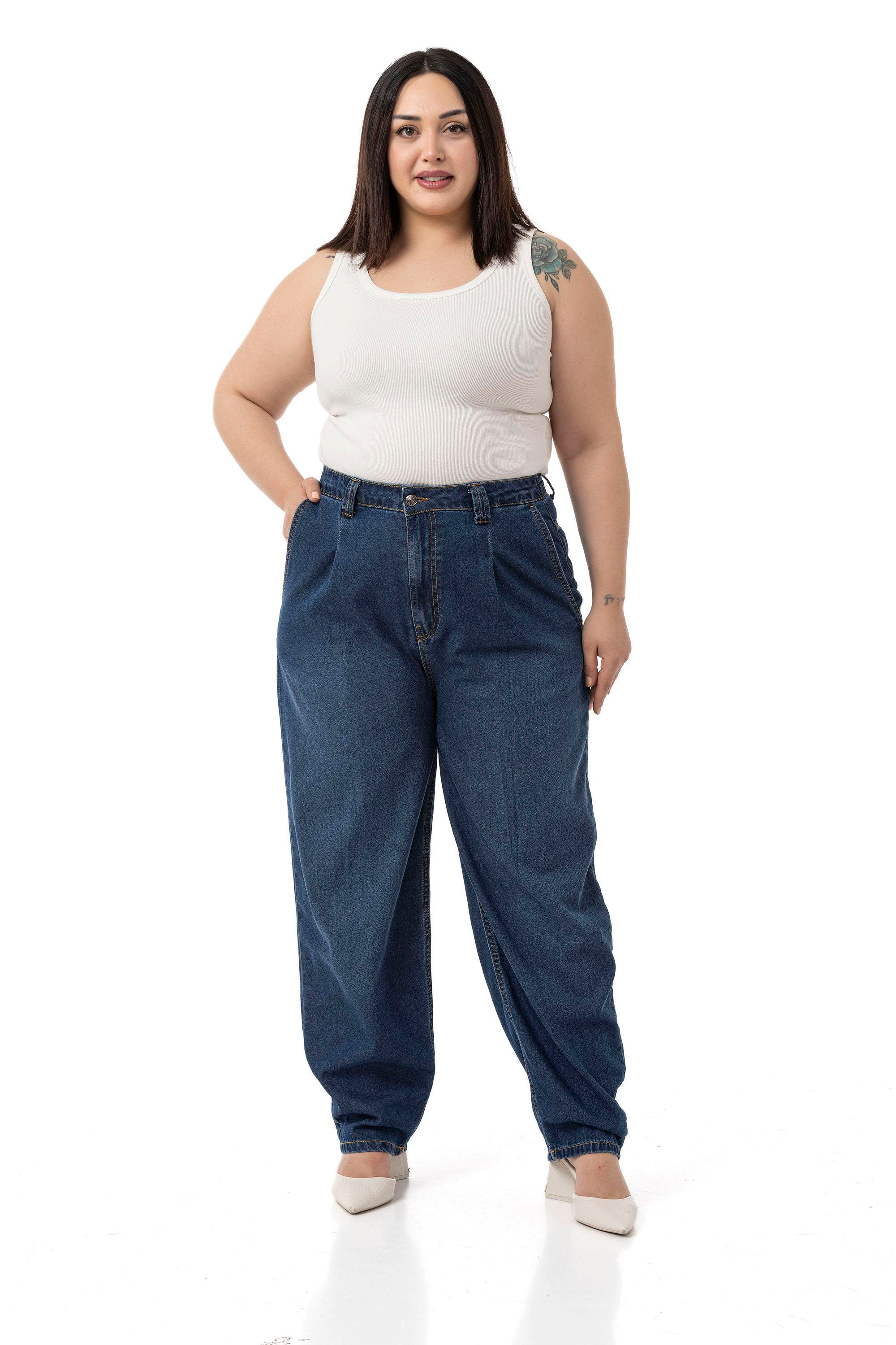 Büyük Beden Önü Pileli Yarım Balon Kesim Beli Arkadan Lastikli Cepli Denim Lacivert Pantolon