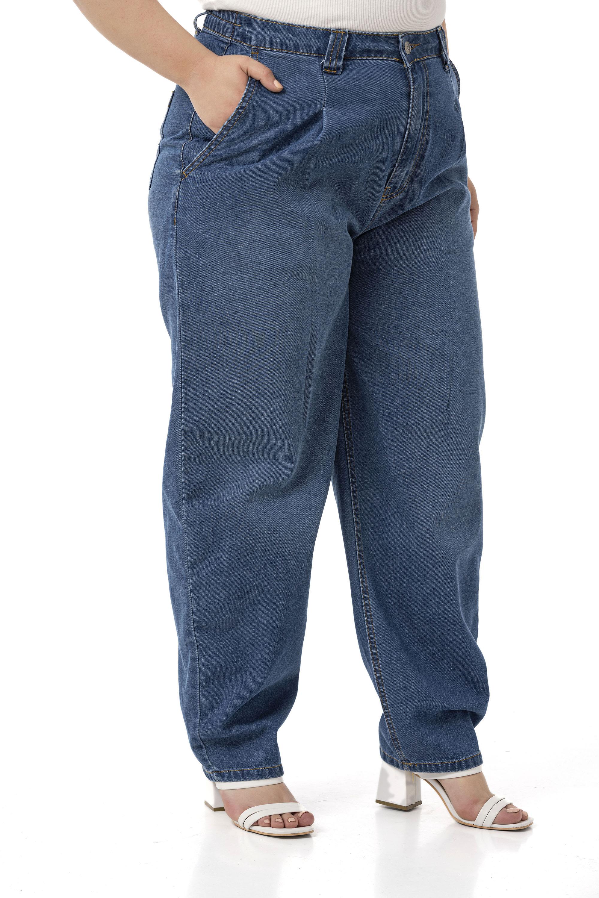 Büyük Beden Önü Pileli Yarım Balon Kesim Beli Arkadan Lastikli Cepli Denim Mavi Pantolon