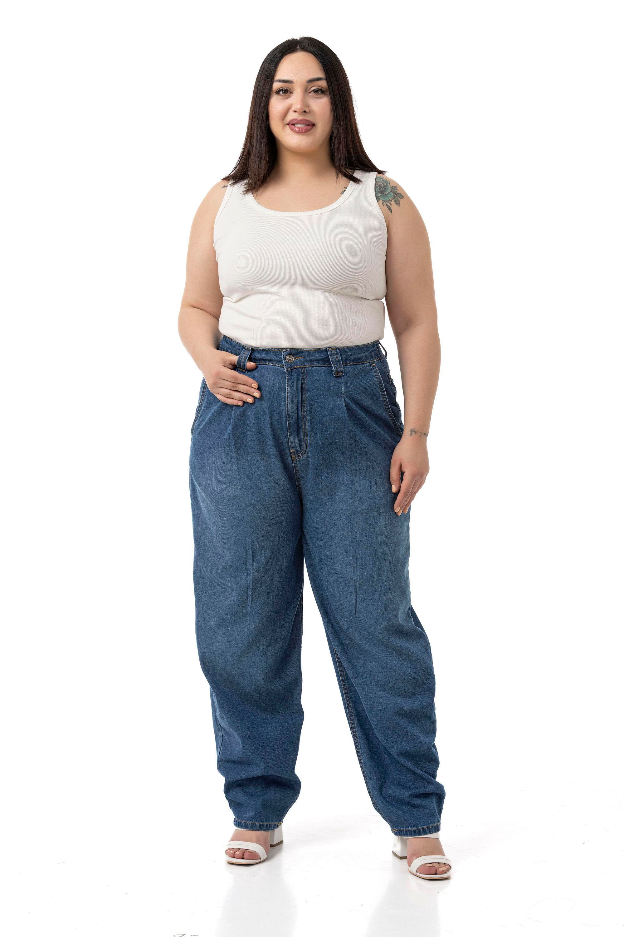 Büyük Beden Önü Pileli Yarım Balon Kesim Beli Arkadan Lastikli Cepli Denim Mavi Pantolon