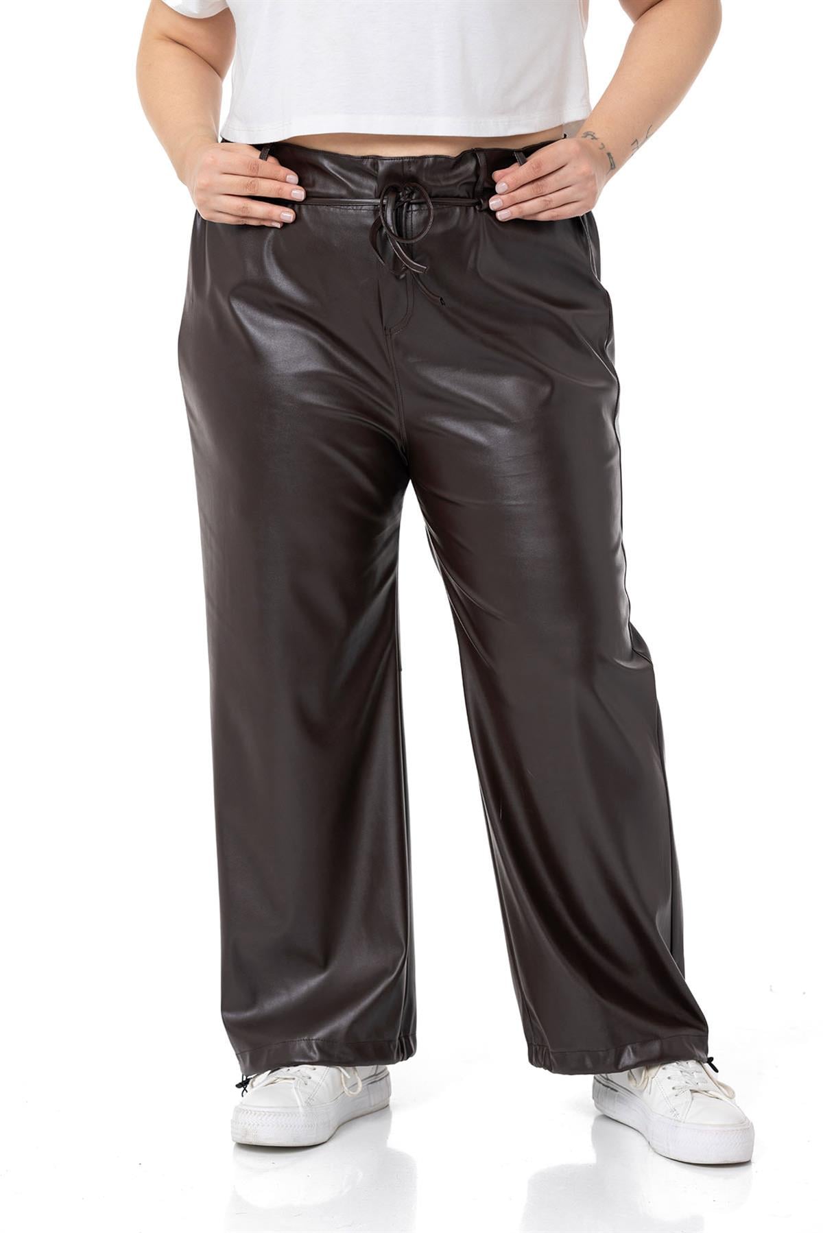 Plus Size Leather Dark Brown Trousers with Gather Detail