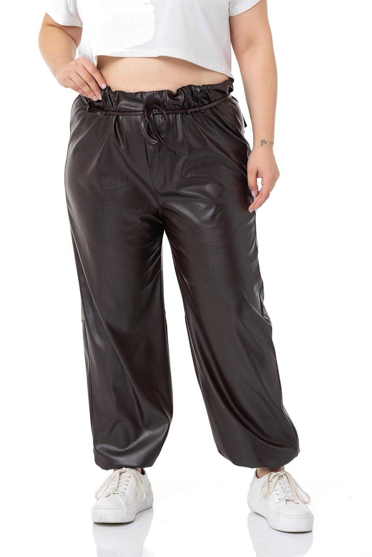 Plus Size Leather Dark Brown Trousers with Gather Detail