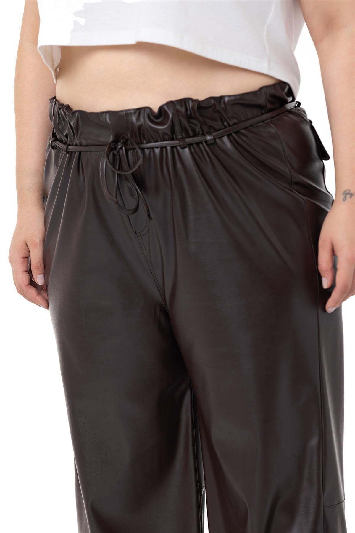 Plus Size Leather Dark Brown Trousers with Gather Detail