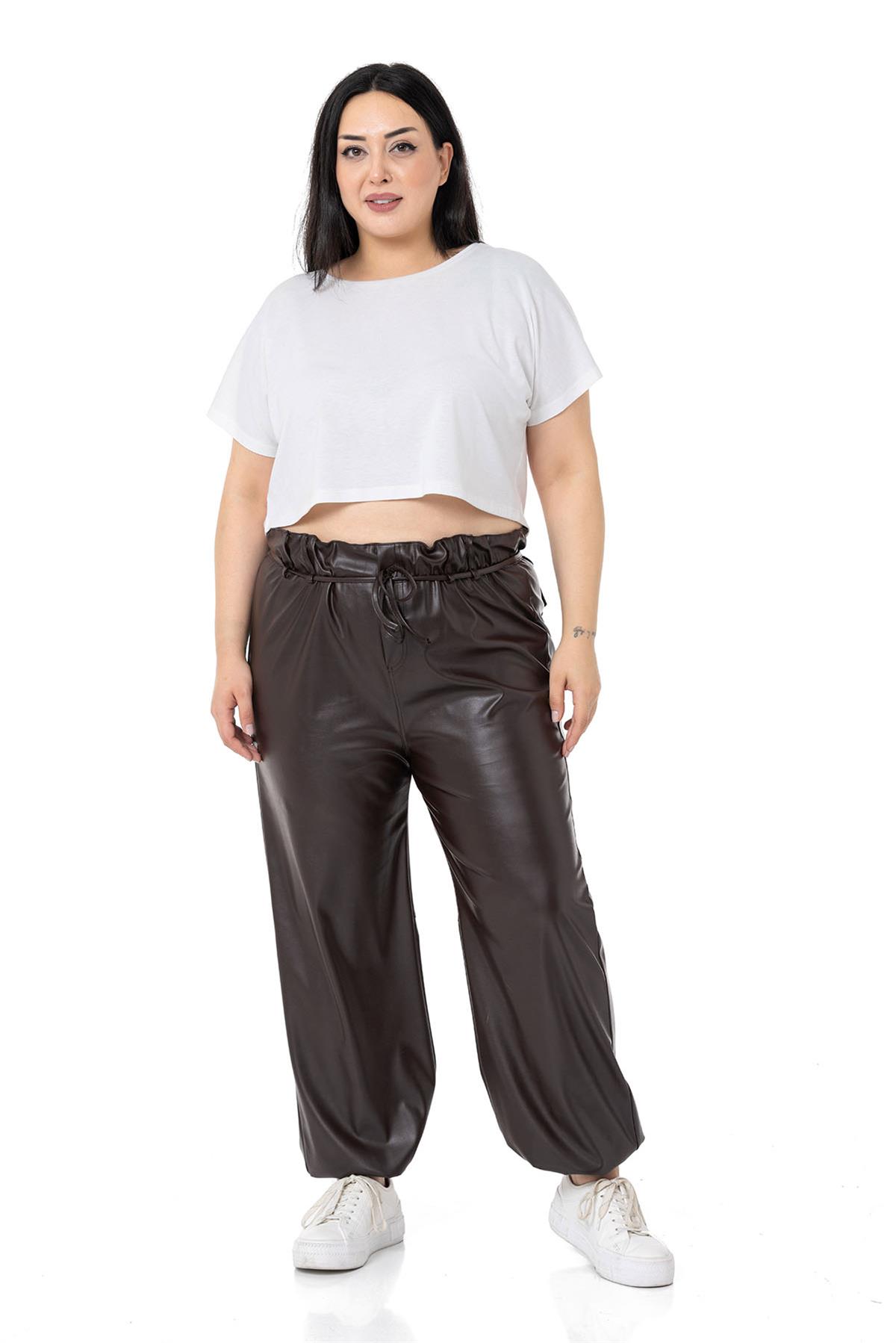 Plus Size Leather Dark Brown Trousers with Gather Detail