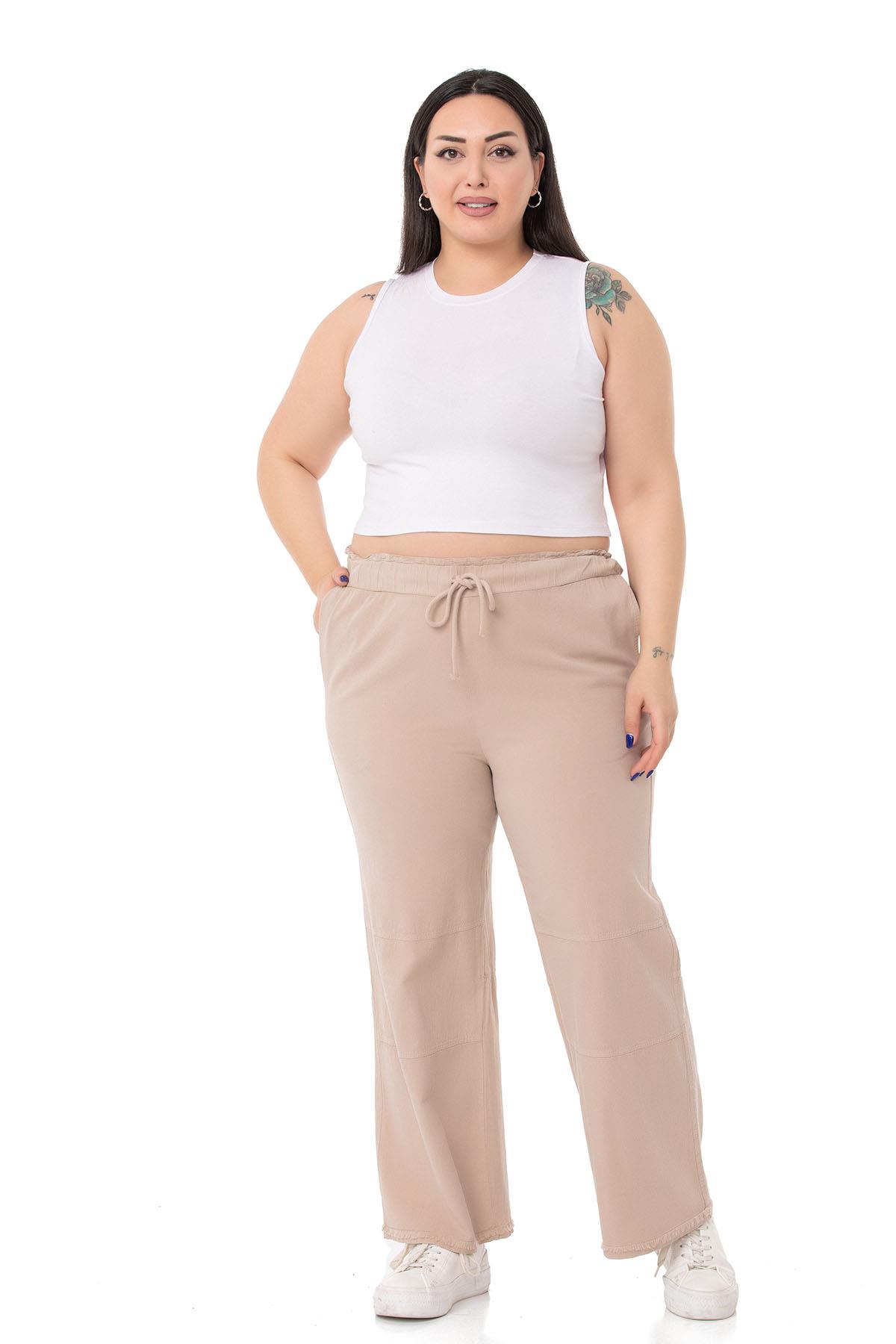 Plus Size Tasseled Beige Trousers with Sewing Detail and Pockets