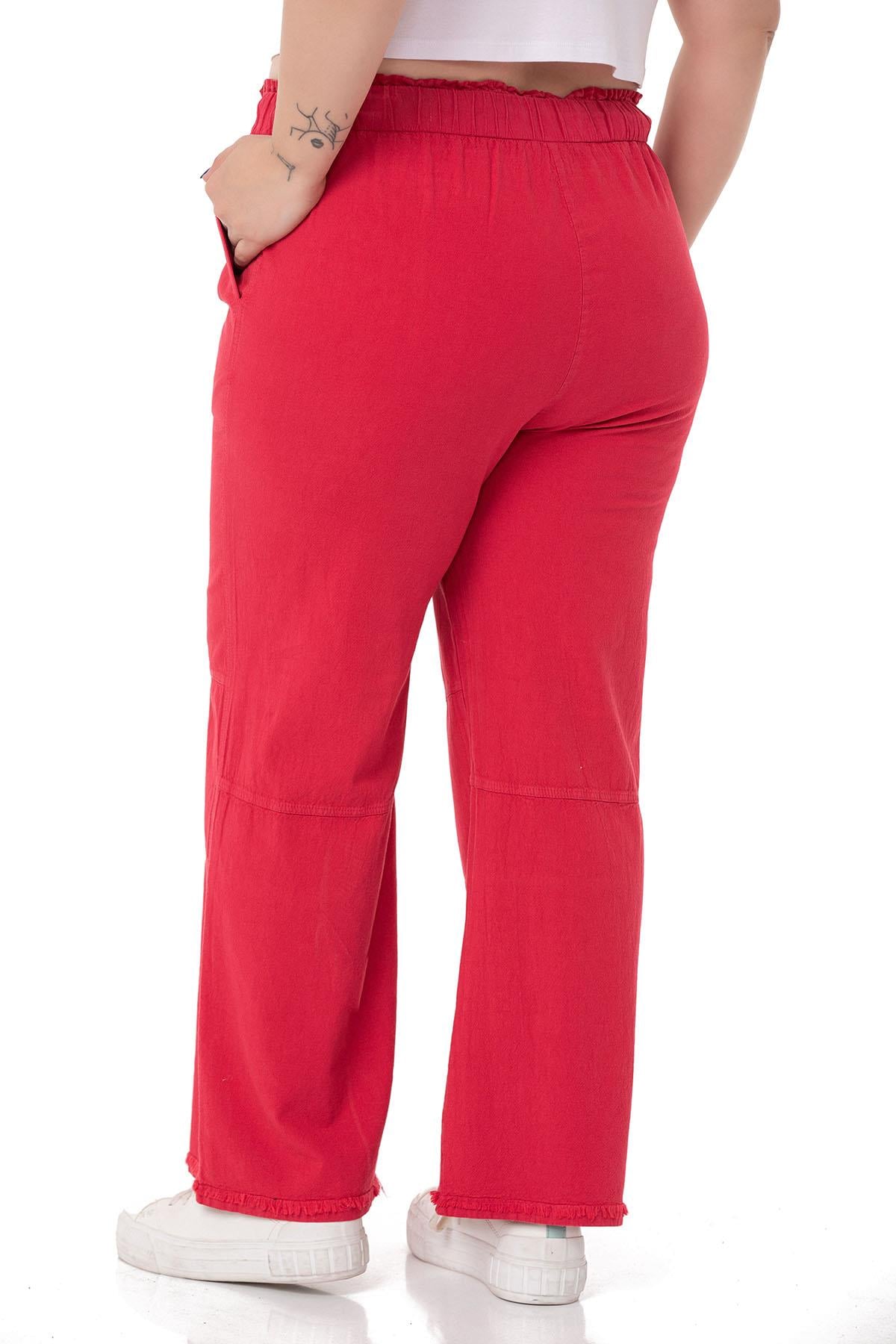 Plus Size Tasseled Red Trousers with Sewing Detail and Pockets