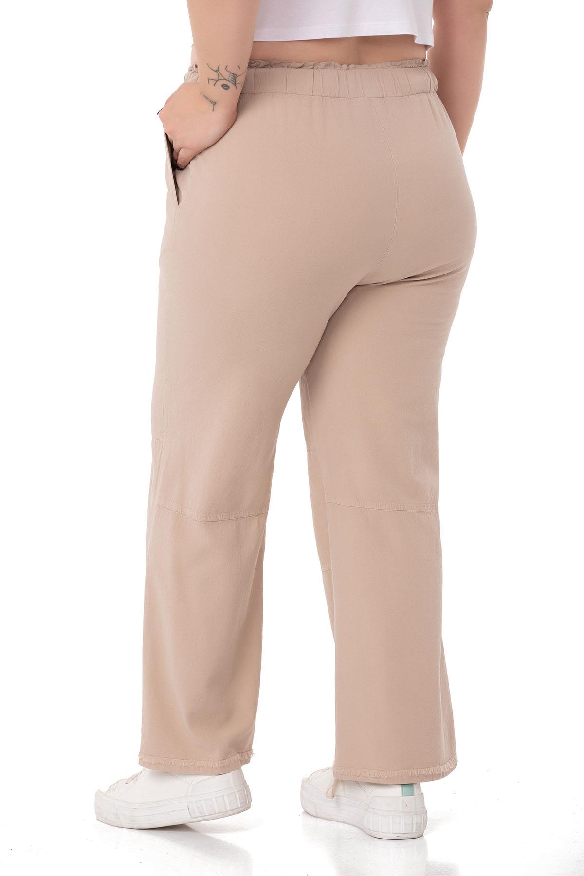 Plus Size Tasseled Beige Trousers with Sewing Detail and Pockets