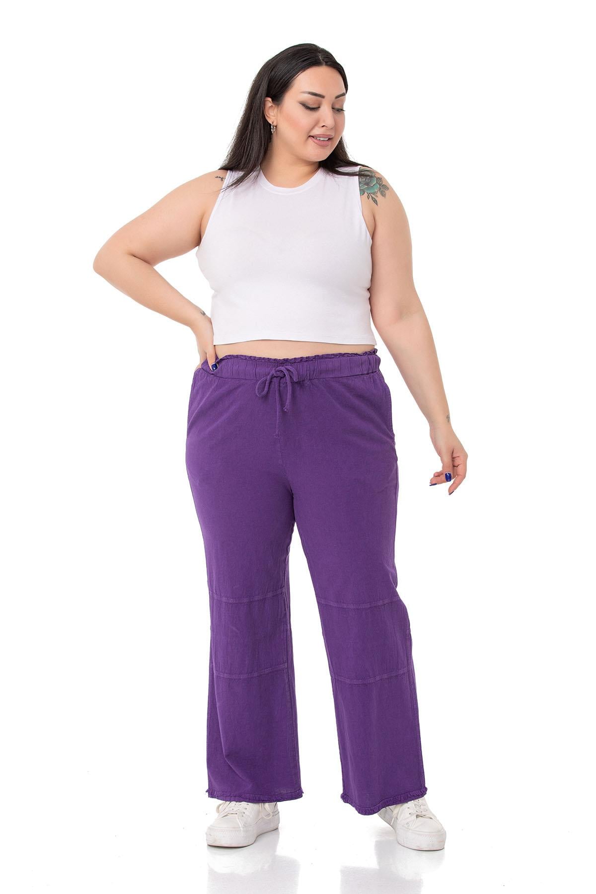 Plus Size Tasseled Purple Trousers with Sewing Detail and Pockets