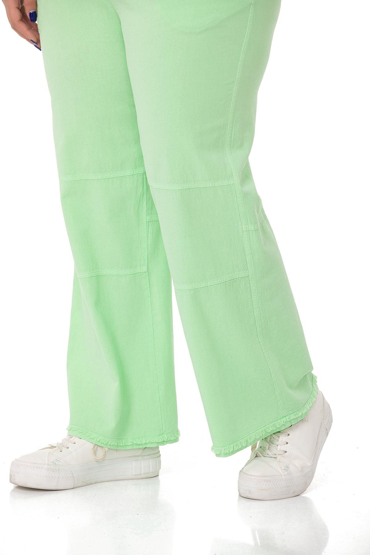 Plus Size Tasseled Green Trousers with Sewing Detail and Pockets