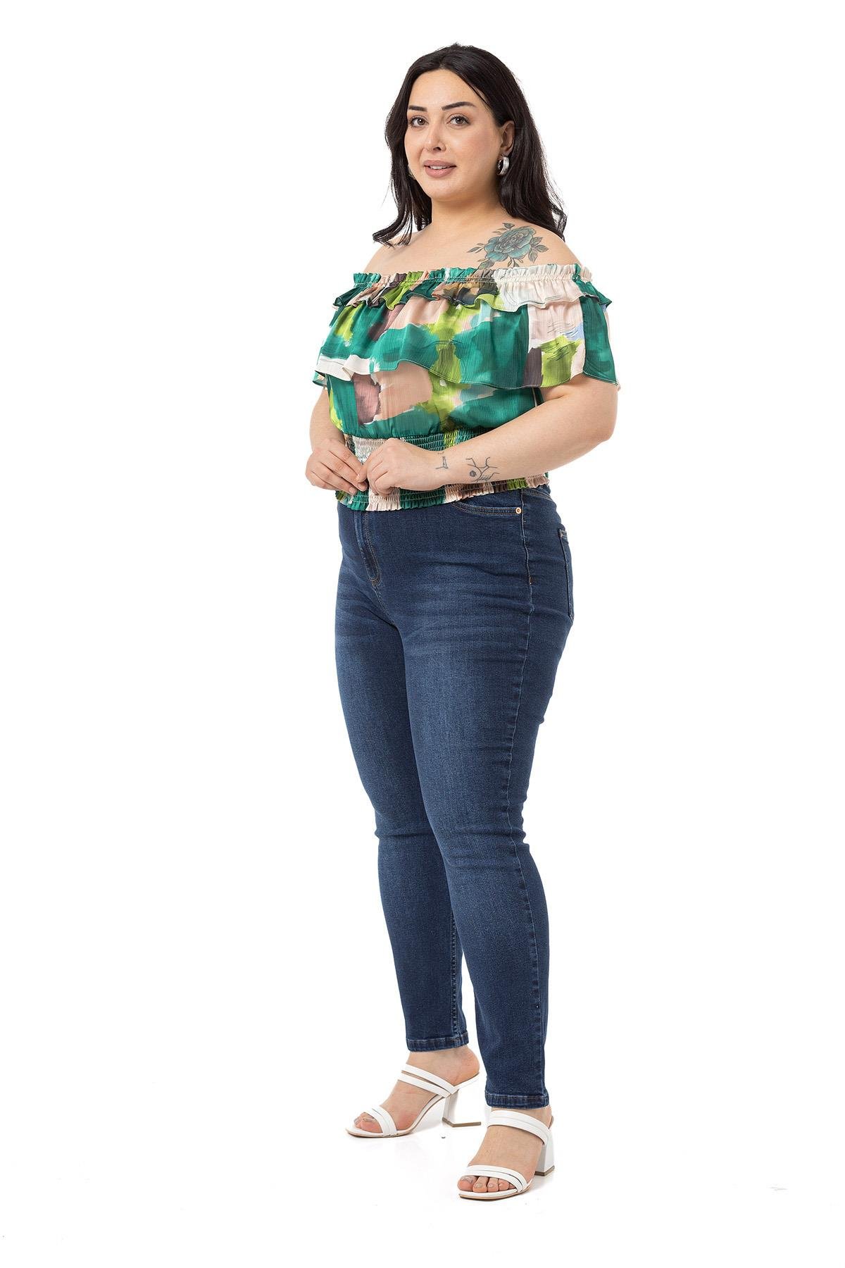 Plus Size High Waist Slim Leg Navy Blue Denim Trousers