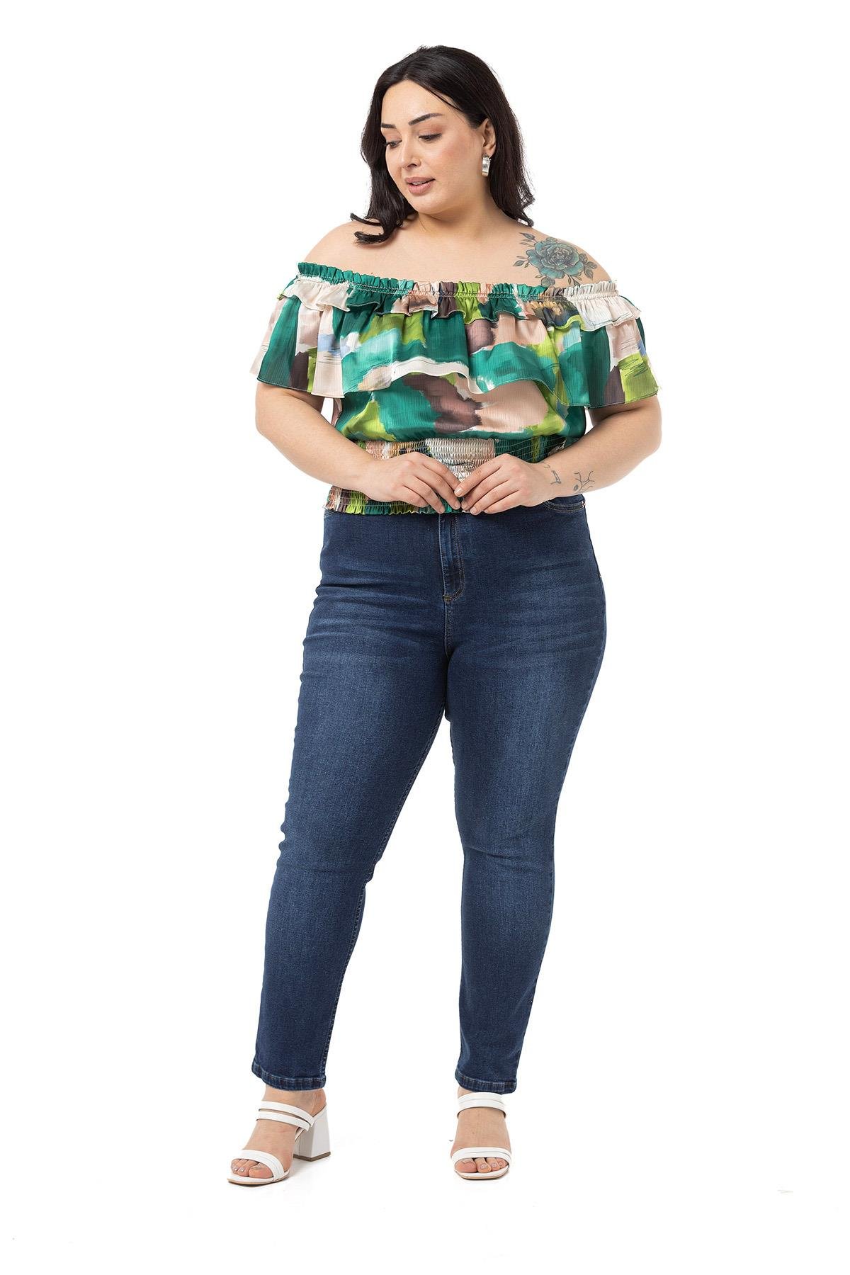 Plus Size High Waist Slim Leg Navy Blue Denim Trousers
