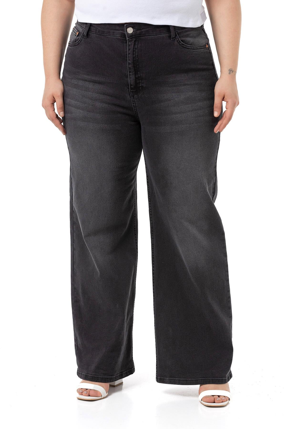 Plus Size High Waist Wide Leg Anthracite Denim Trousers