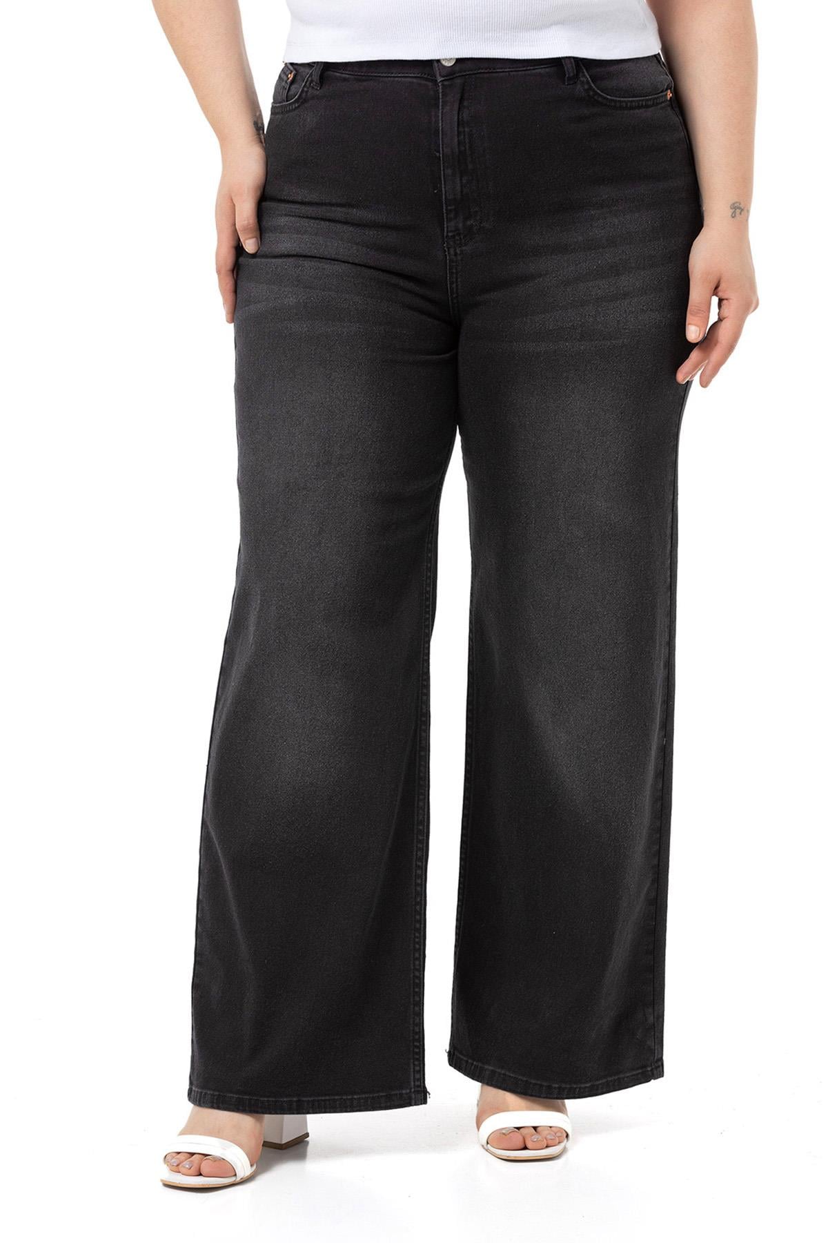 Plus Size High Waist Wide Leg Black Denim Trousers