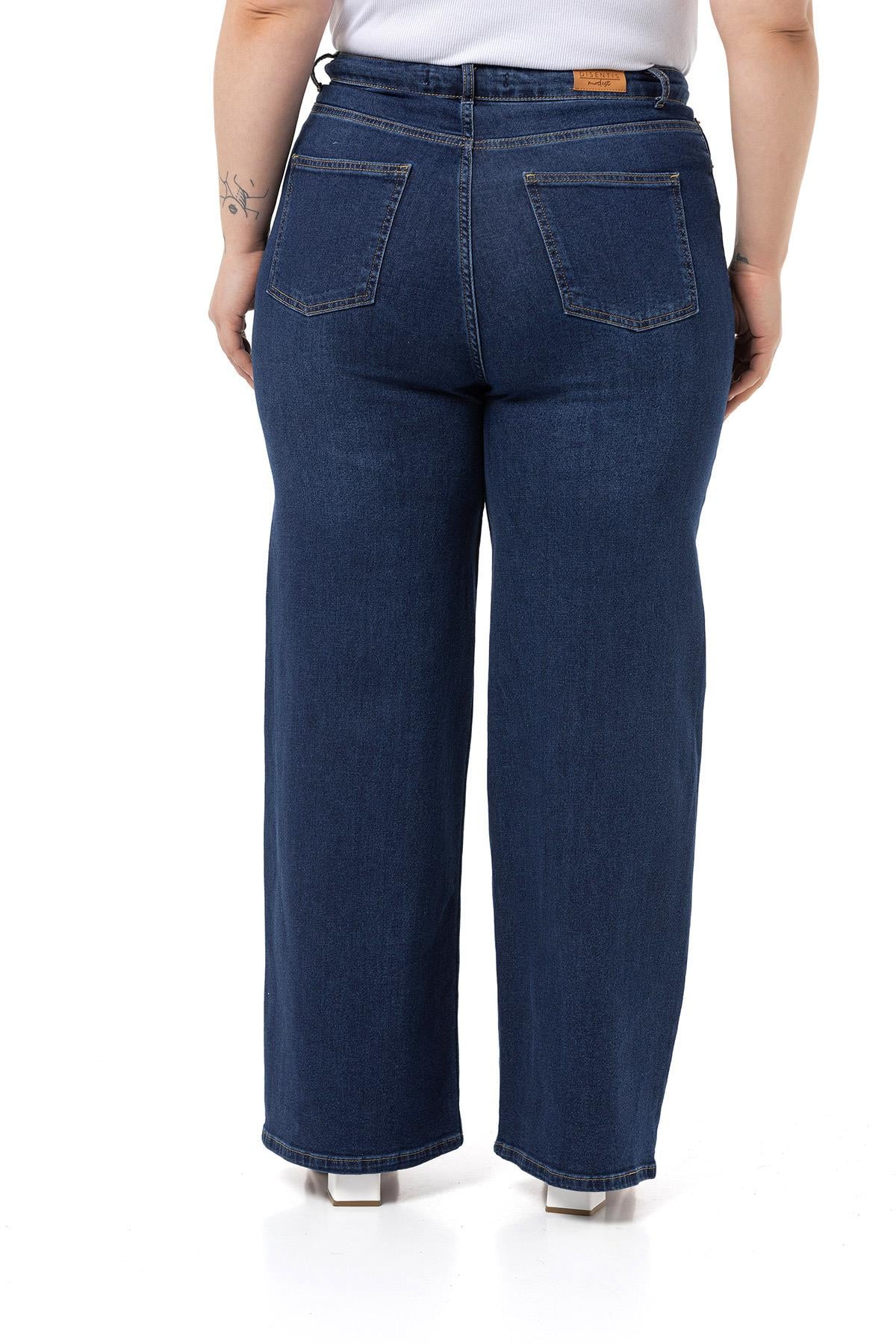Plus Size High Waist Wide Leg Navy Blue Denim Trousers