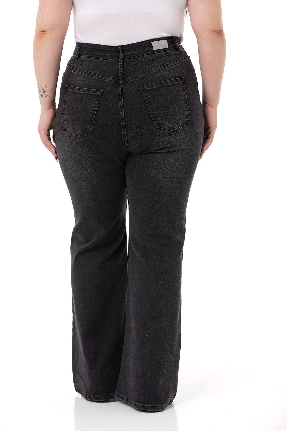 Büyük Beden Yüksek Bel İspanyol Paça Siyah Denim Pantolon