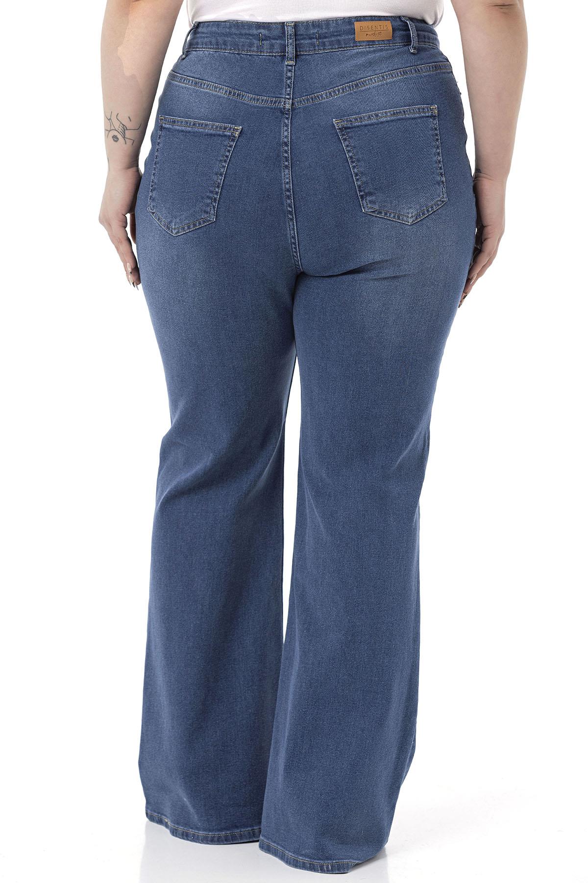 Büyük Beden Yüksek Bel İspanyol Paça Mavi Denim Pantolon