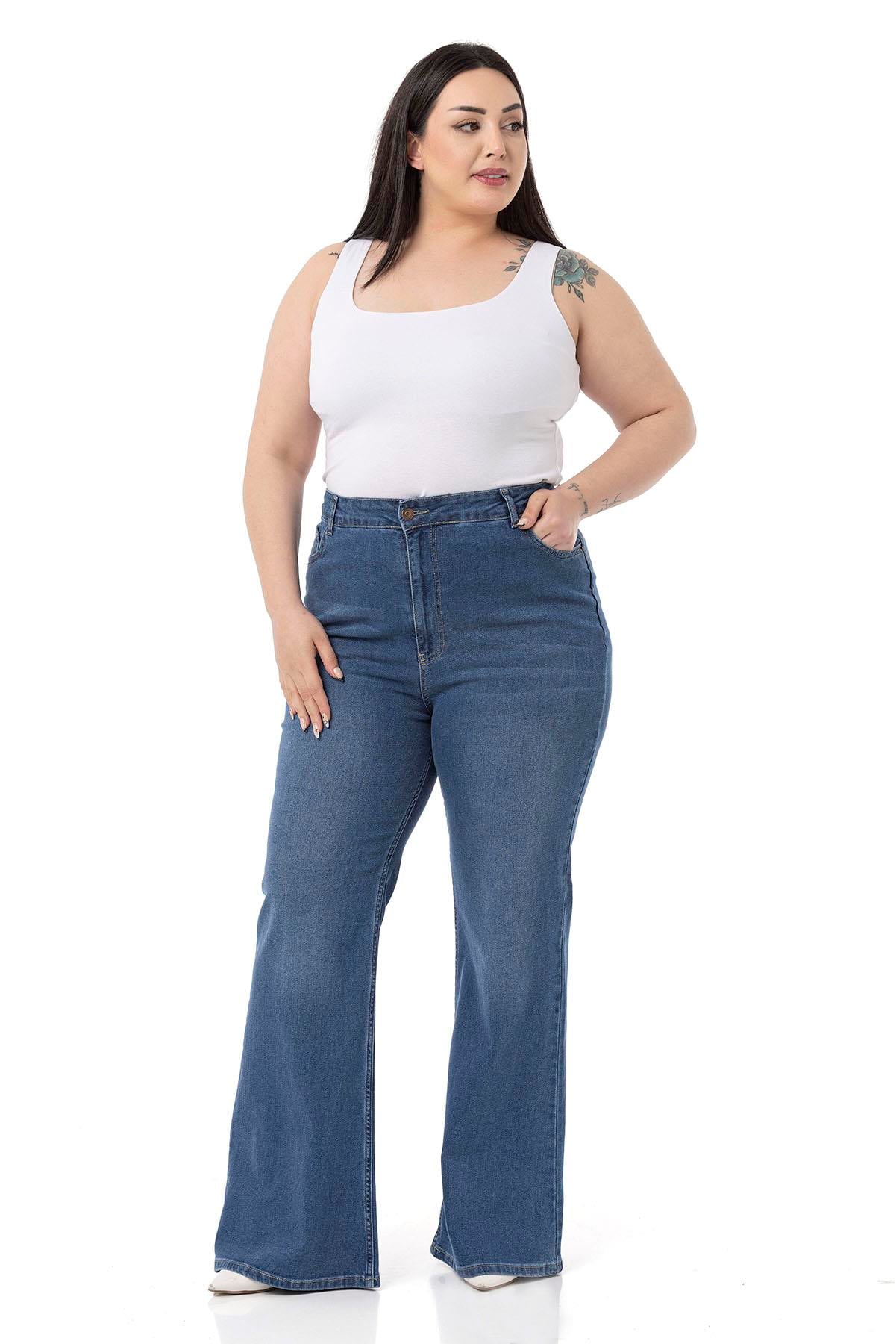 Büyük Beden Yüksek Bel İspanyol Paça Mavi Denim Pantolon