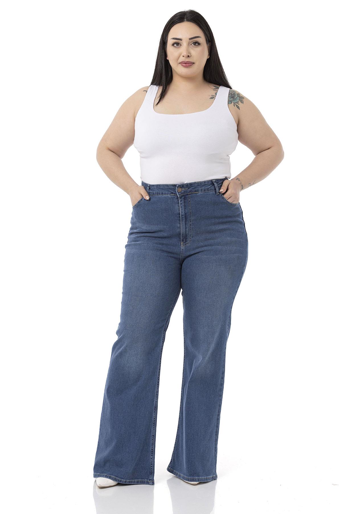 Büyük Beden Yüksek Bel İspanyol Paça Mavi Denim Pantolon