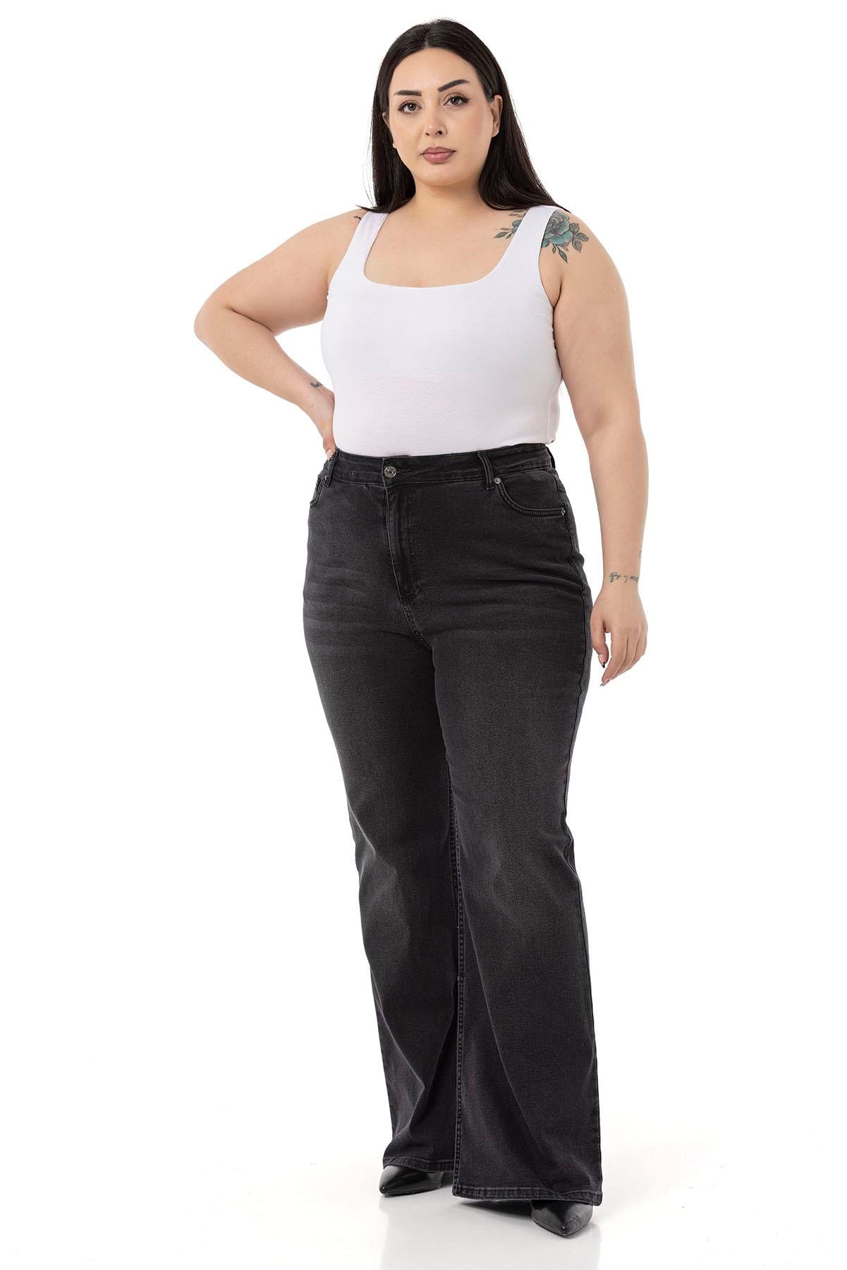 Büyük Beden Yüksek Bel İspanyol Paça Siyah Denim Pantolon