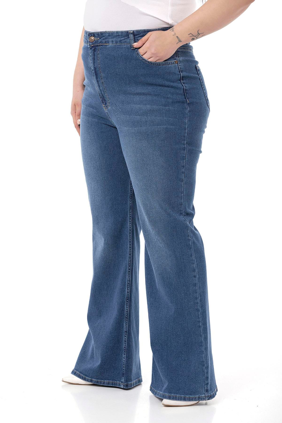 Büyük Beden Yüksek Bel İspanyol Paça Mavi Denim Pantolon