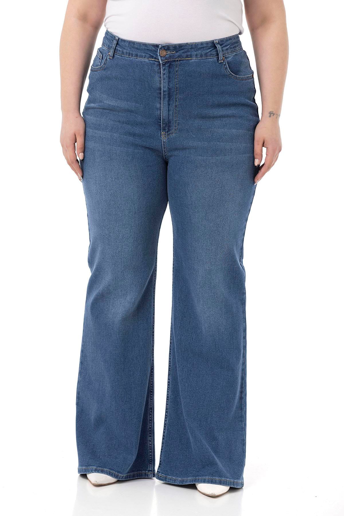 Büyük Beden Yüksek Bel İspanyol Paça Mavi Denim Pantolon