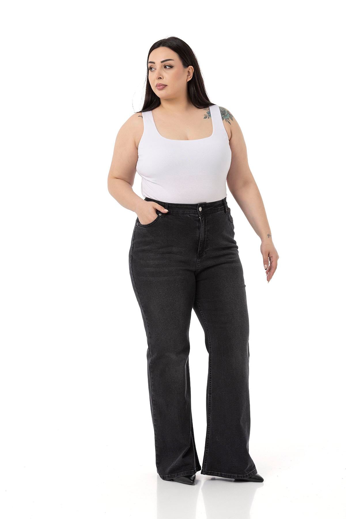 Büyük Beden Yüksek Bel İspanyol Paça Siyah Denim Pantolon
