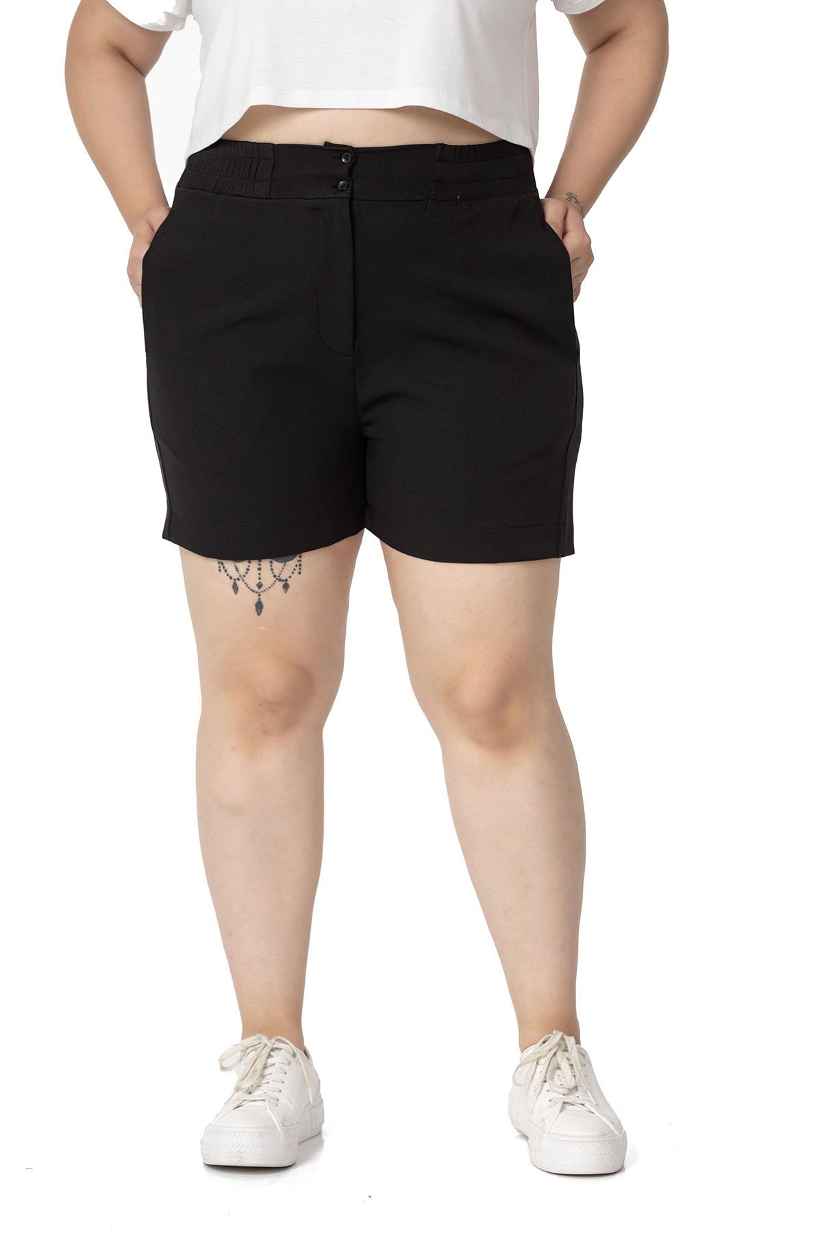 Plus Size Black Shorts with Side and Back Elastic Waist Pockets