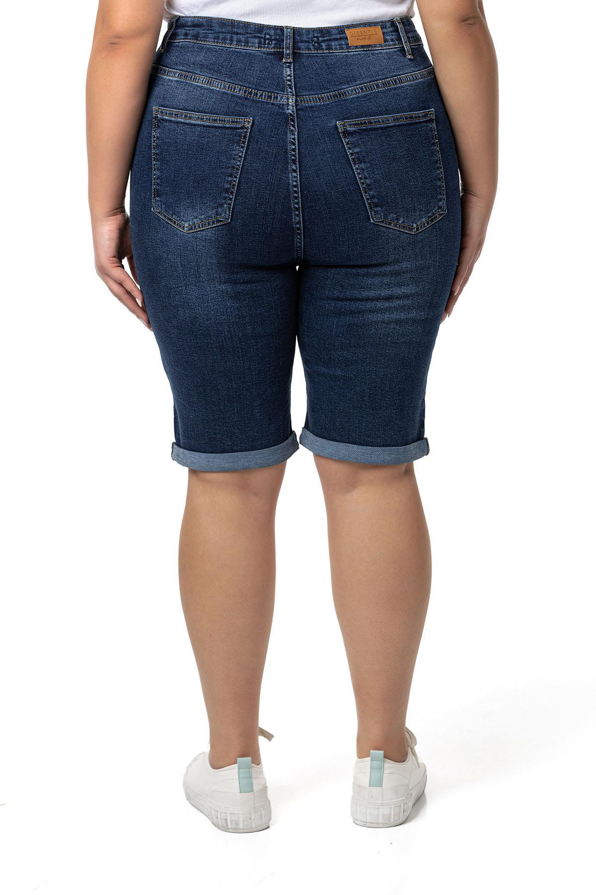 Büyük Beden Paçası Katlamalı Beş Cepli Denim Lacivert Şort