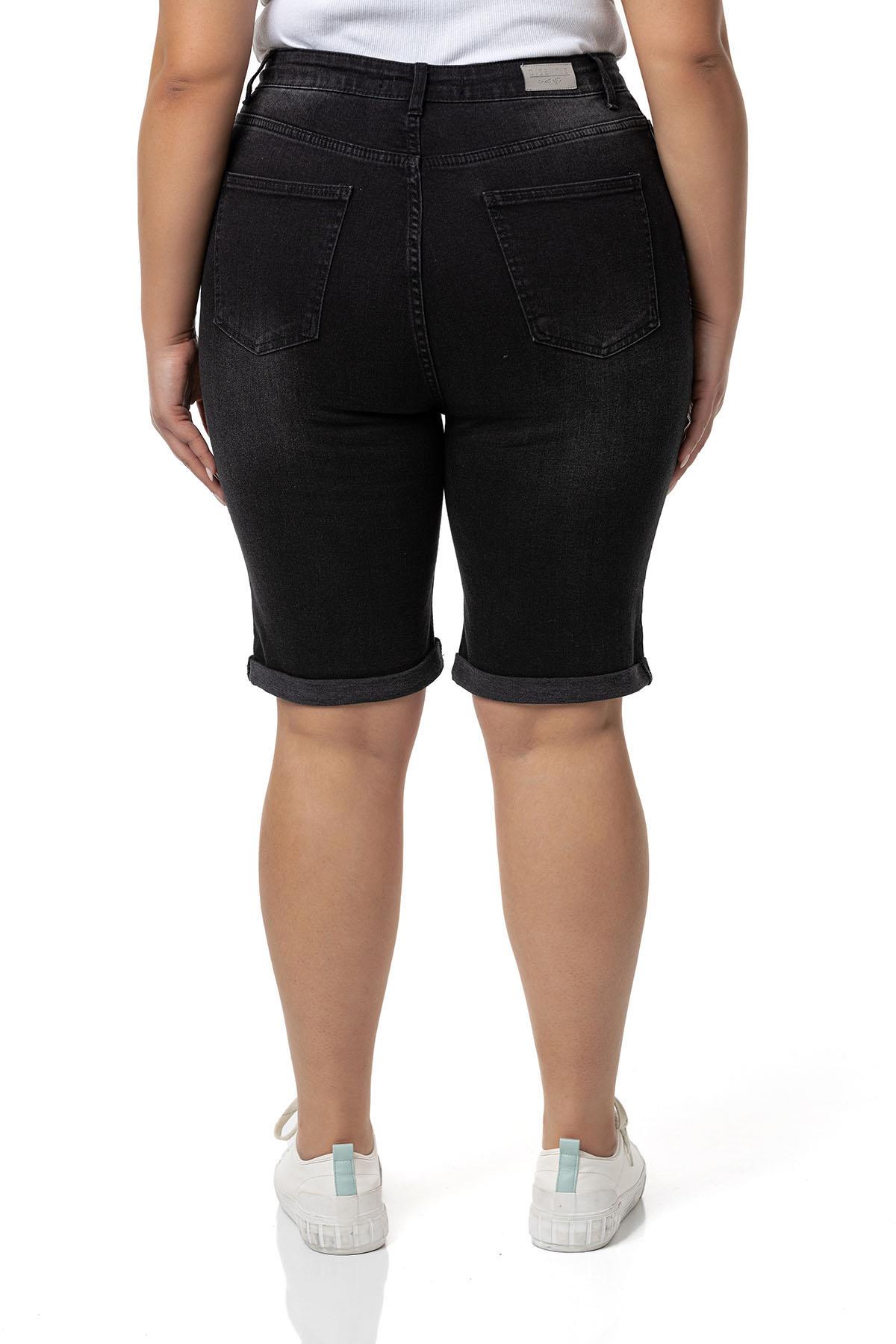 Plus Size Fold Folded Five Pocket Denim Black Shorts