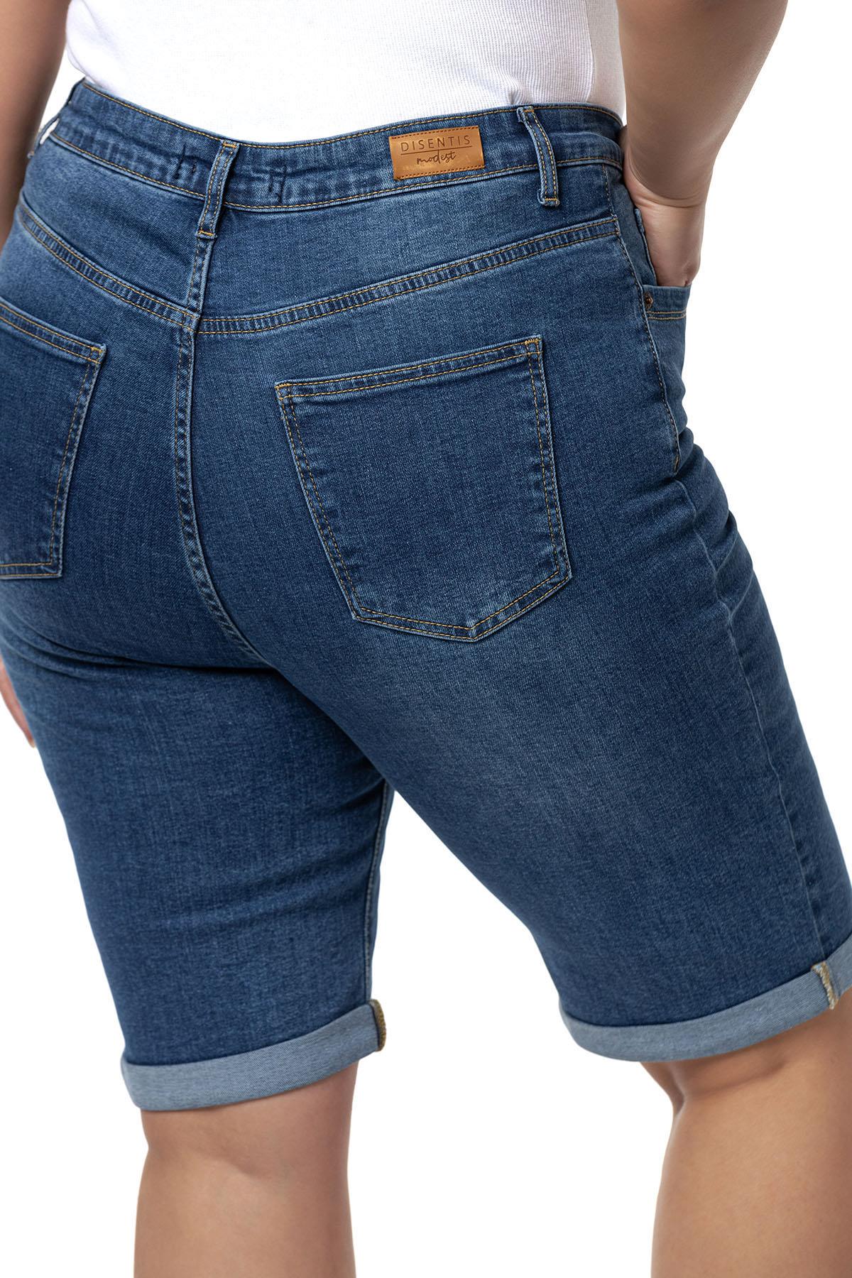 Büyük Beden Paçası Katlamalı Beş Cepli Denim Mavi Şort