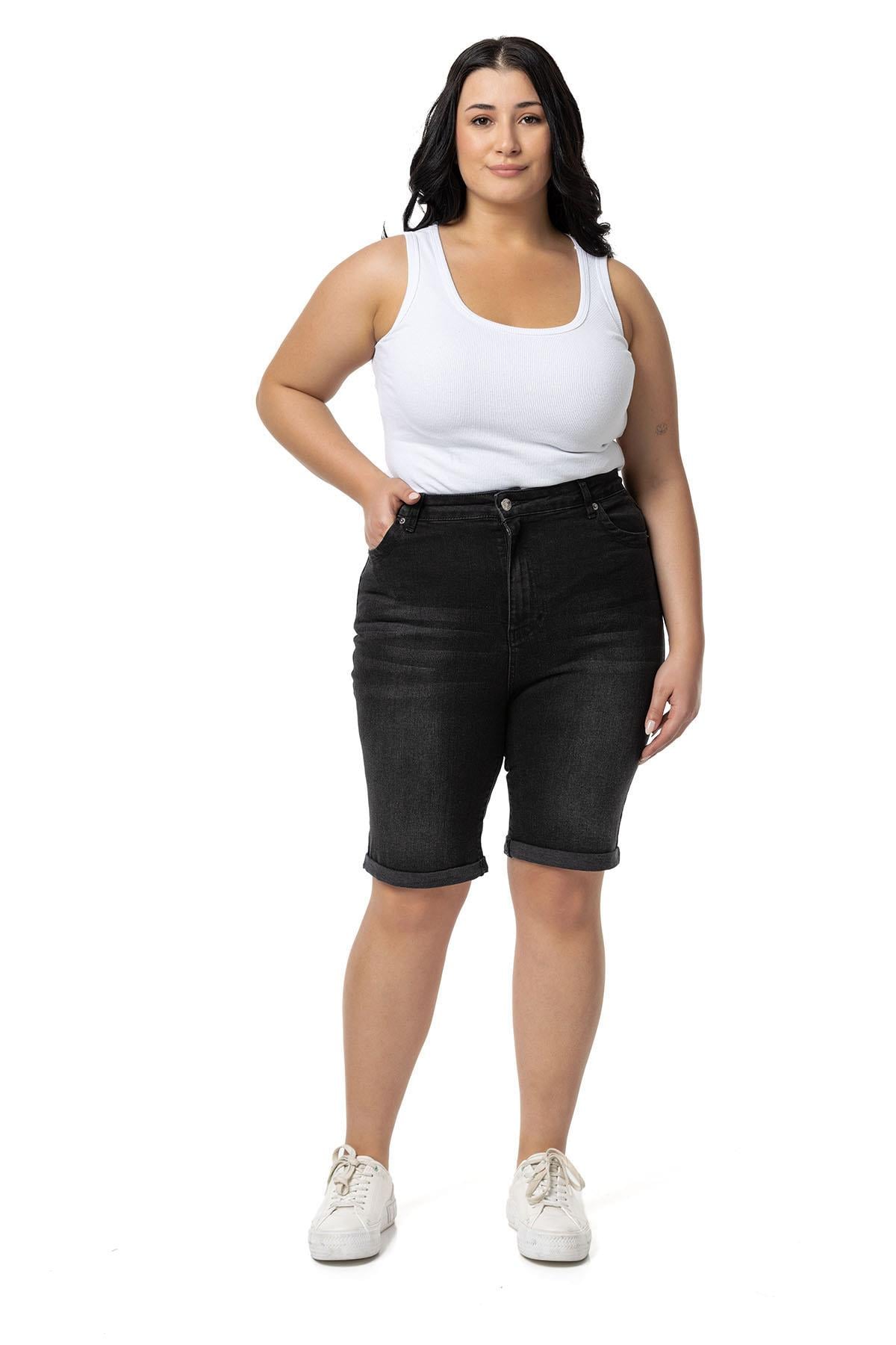 Plus Size Fold Folded Five Pocket Denim Black Shorts