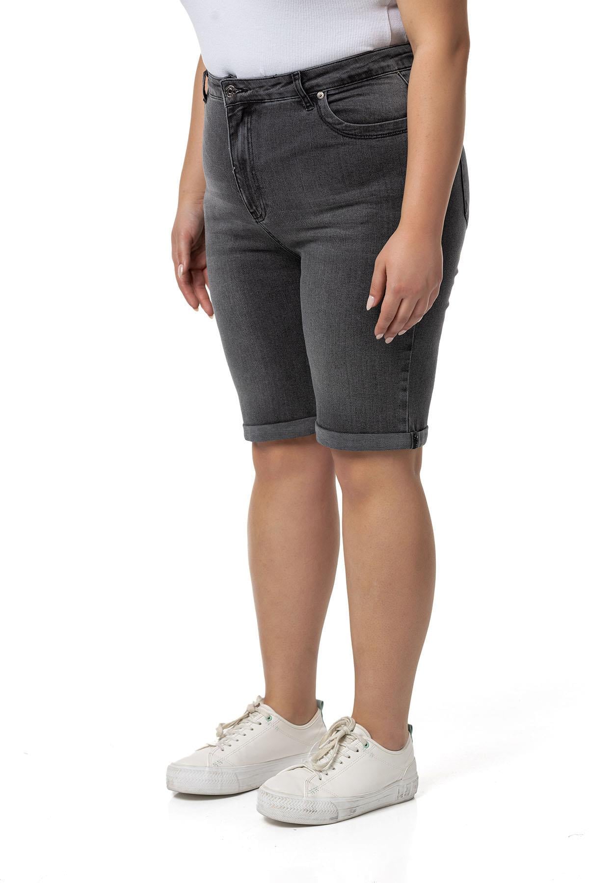 Plus Size Fold Folded Five Pocket Denim Anthracite Shorts