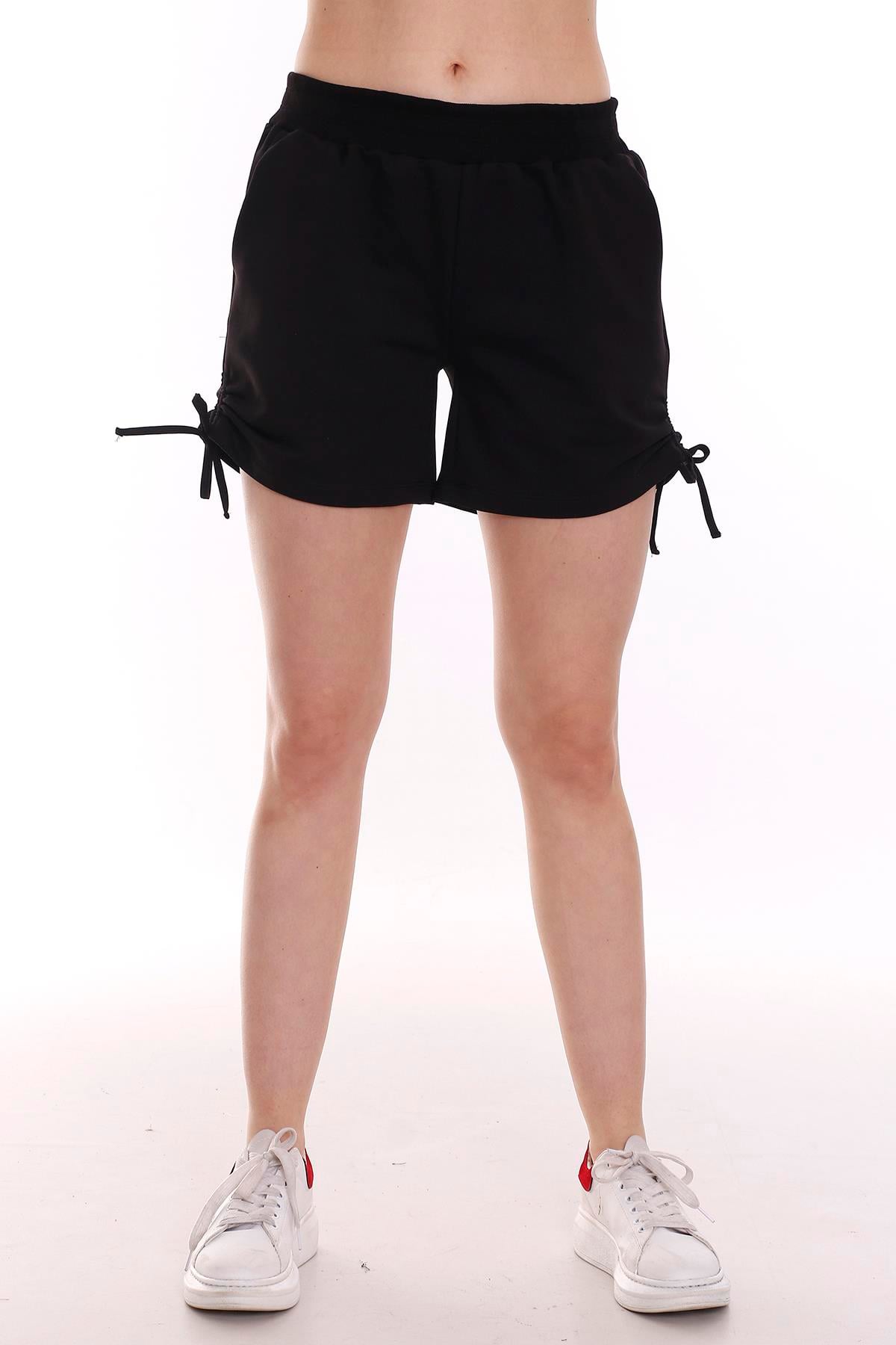 Yanları Bağcık Detaylı Beli Lastikli Siyah Şort