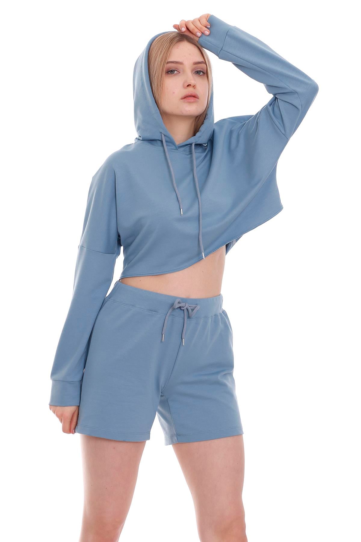 Kapüşonlu Bağcık Detaylı Crop Mavi Sweatshirt