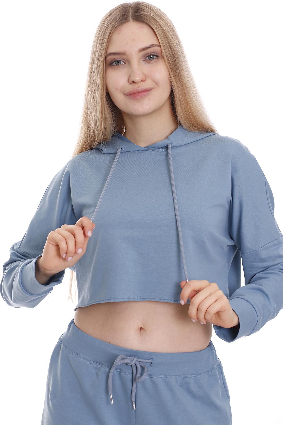 Kapüşonlu Bağcık Detaylı Crop Mavi Sweatshirt